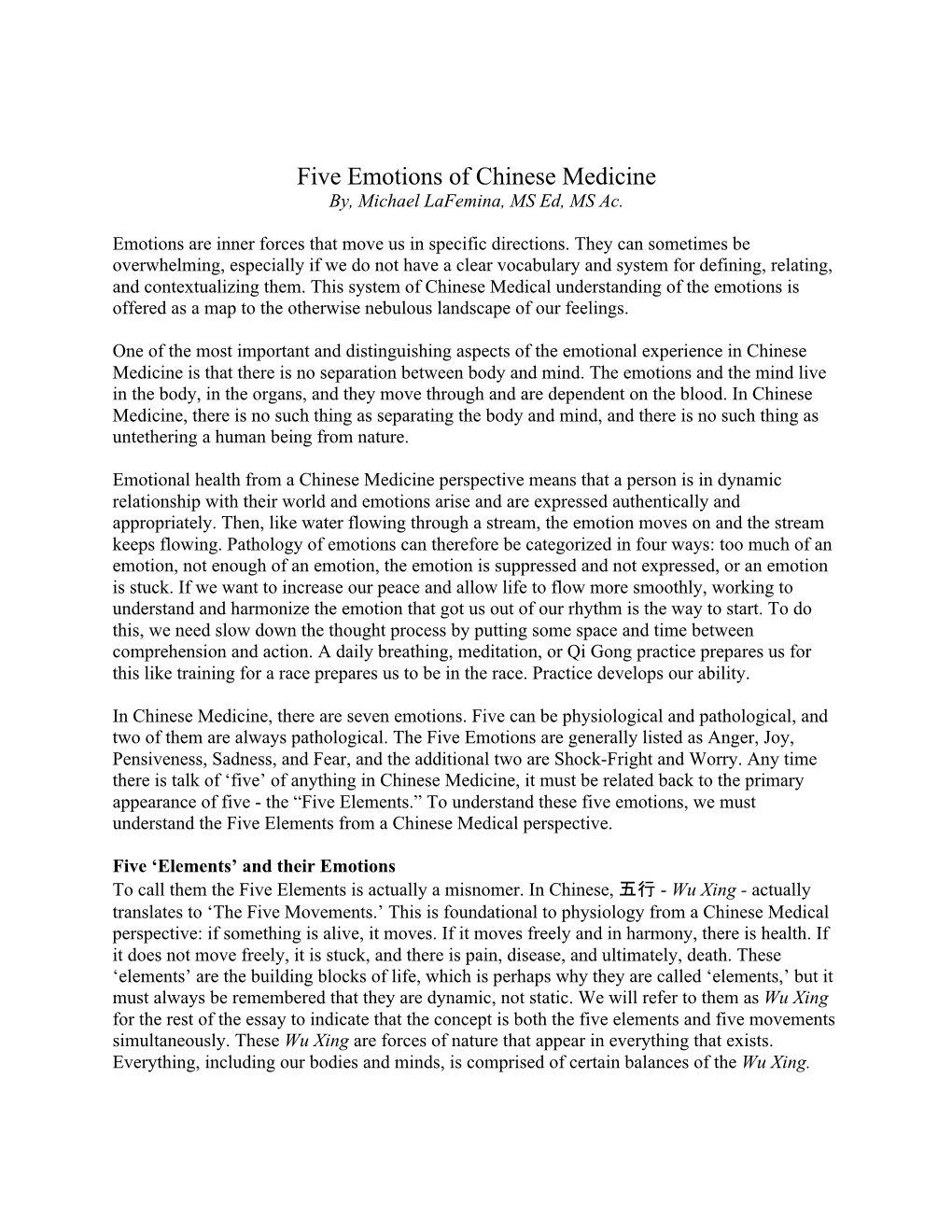 Five Emotions of Chinese Medicine By, Michael Lafemina, MS Ed, MS Ac