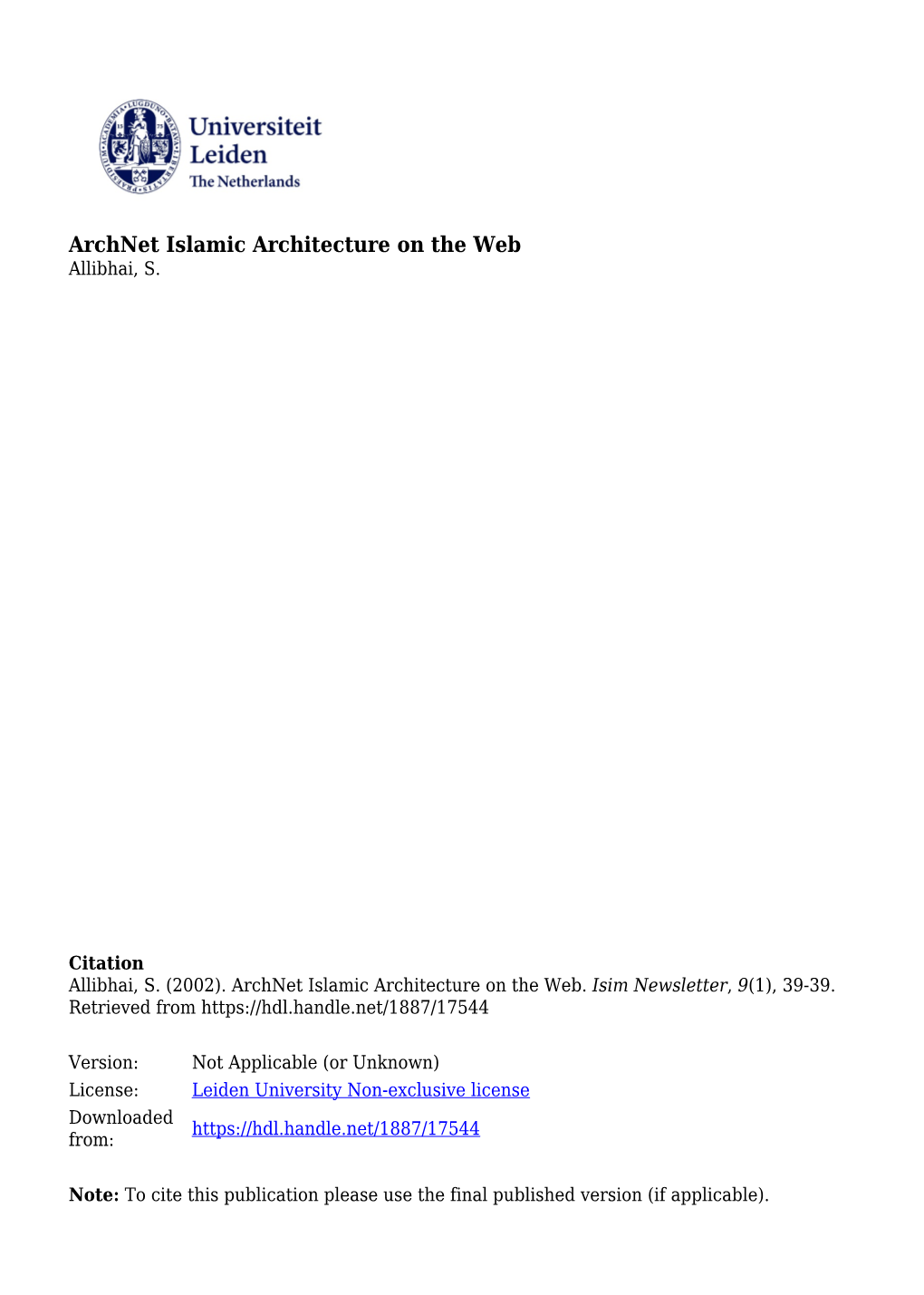 Archnet Islamic Architecture on the Web Allibhai, S