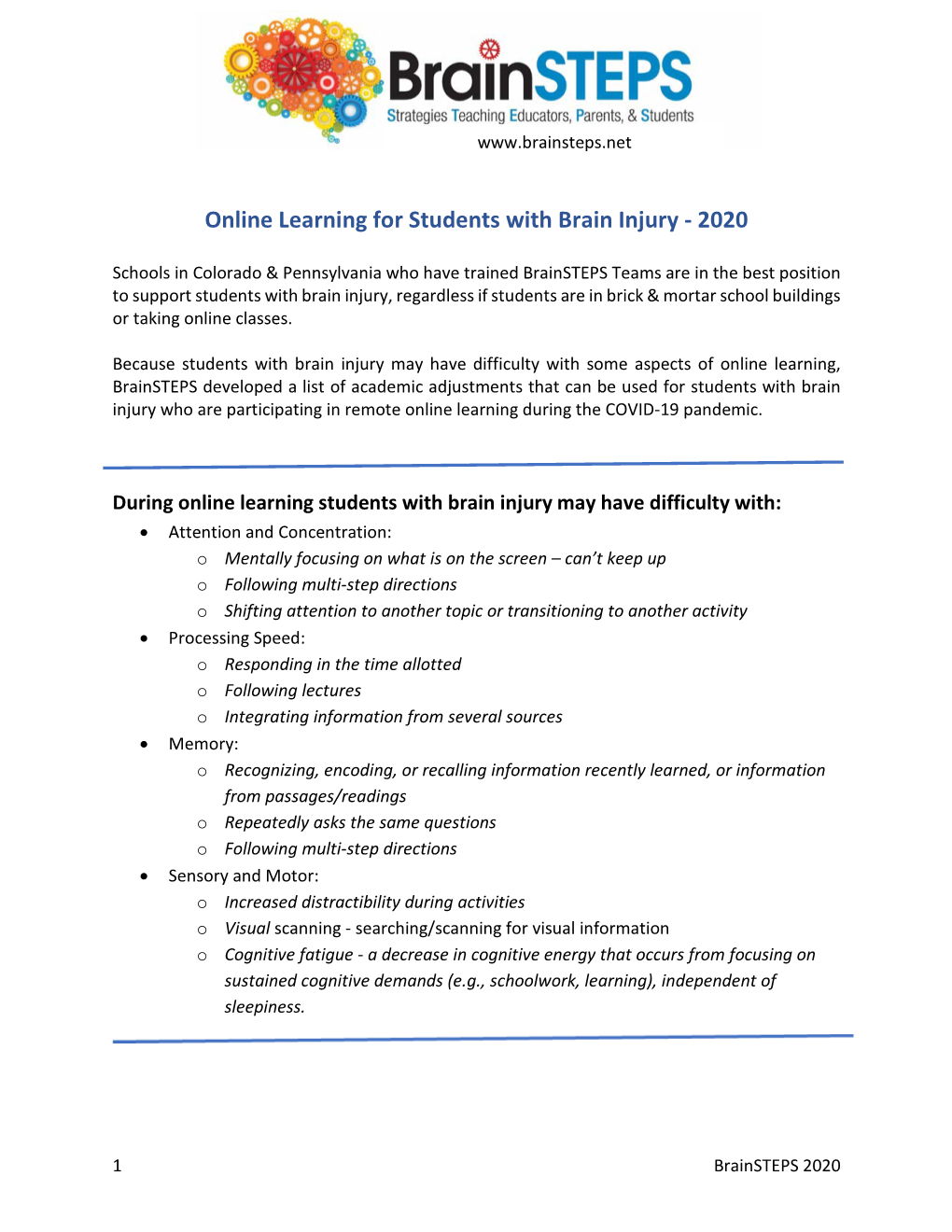 Online Learning for Students with Brain Injury - 2020
