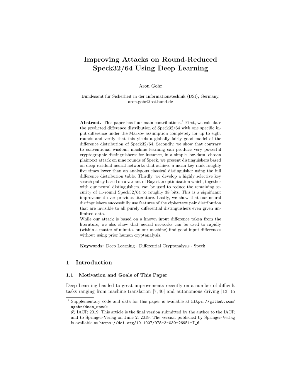 Improving Attacks on Round-Reduced Speck32/64 Using Deep Learning