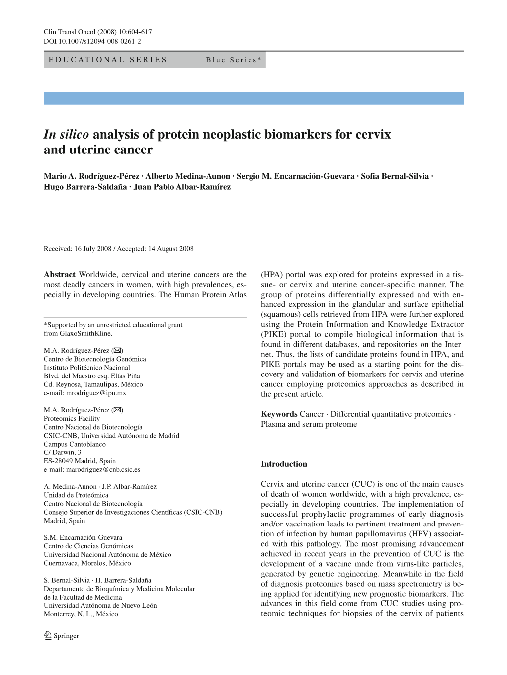 In Silico Analysis of Protein Neoplastic Biomarkers for Cervix and Uterine Cancer