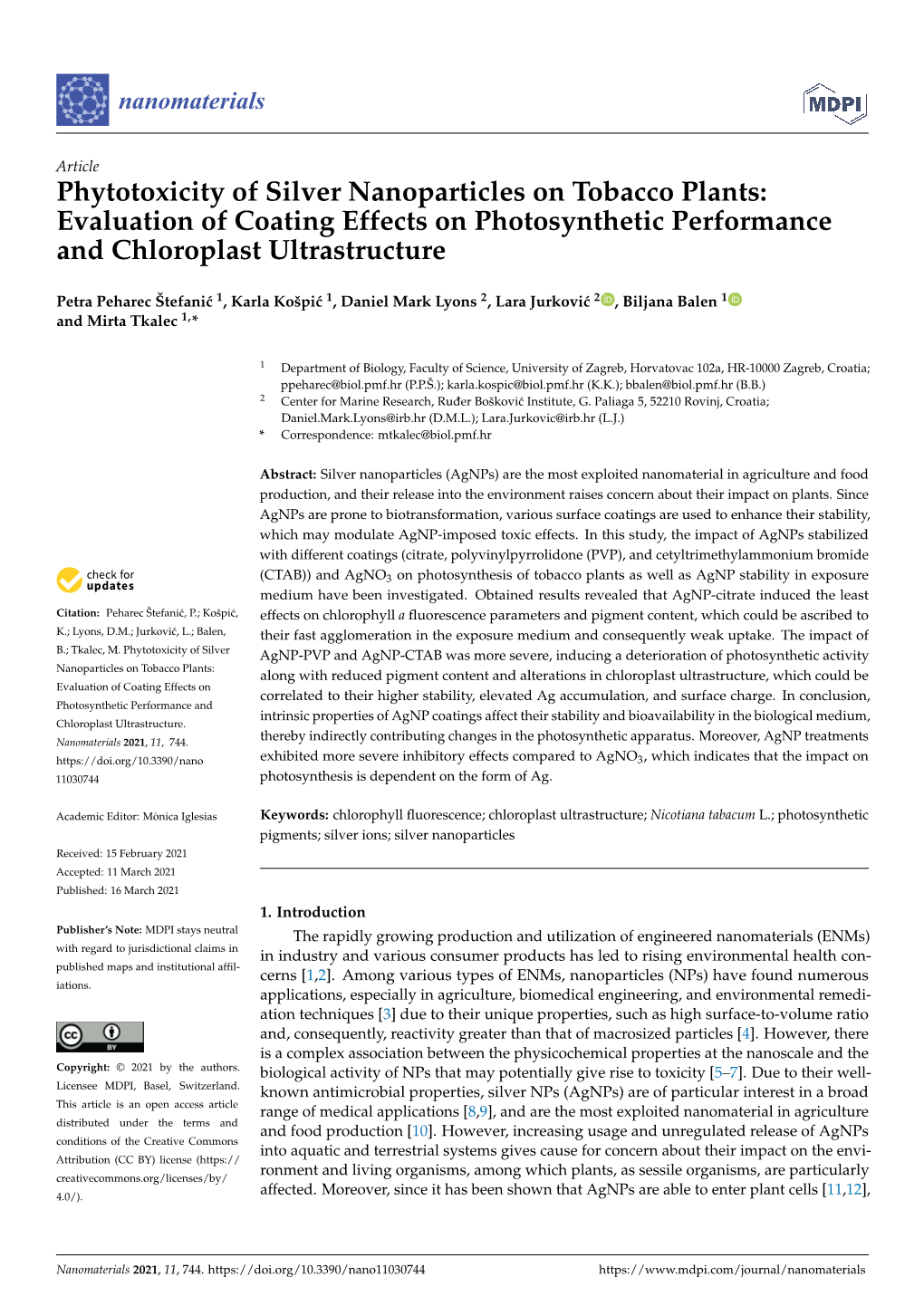 Phytotoxicity of Silver Nanoparticles on Tobacco Plants: Evaluation of Coating Effects on Photosynthetic Performance and Chloroplast Ultrastructure