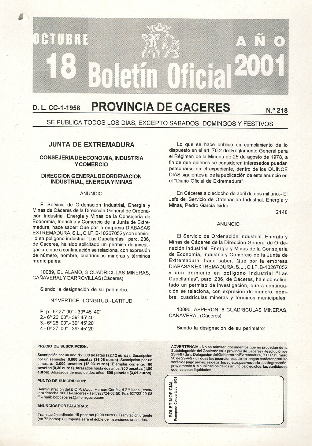 D.L.Cc-1-1958 PROVINCIA DE CACERES N.° 218 SE PUBLICA TODOS LOS DIAS, EXCEPTO SABADOS, DOMINGOS Y FESTIVOS