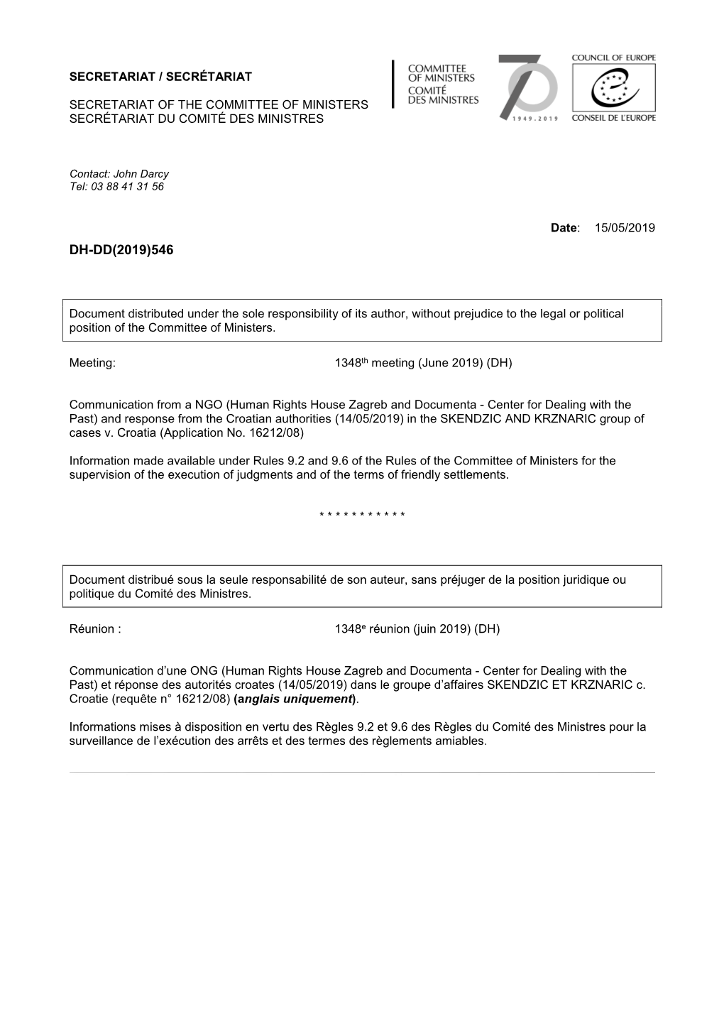 Committee of Ministers Secrétariat Du Comité Des Ministres