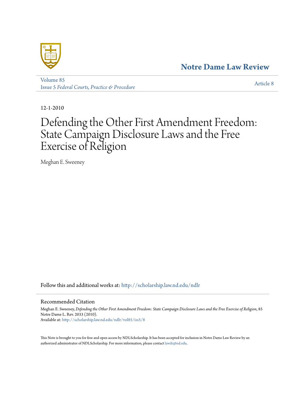 State Campaign Disclosure Laws and the Free Exercise of Religion Meghan E