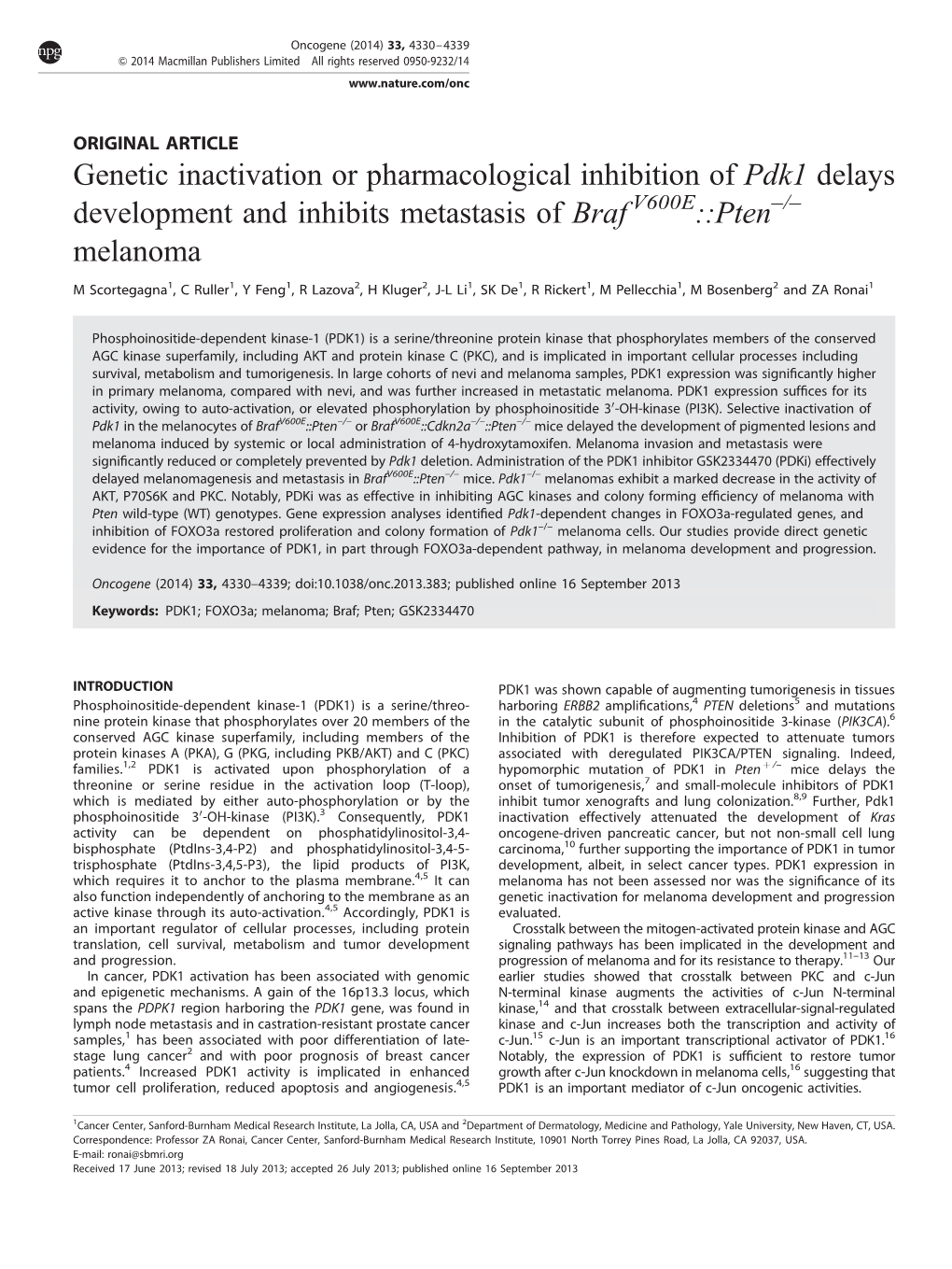 Genetic Inactivation Or Pharmacological Inhibition of Pdk1 Delays Development and Inhibits Metastasis of Braf V600E::Pten–/– Melanoma