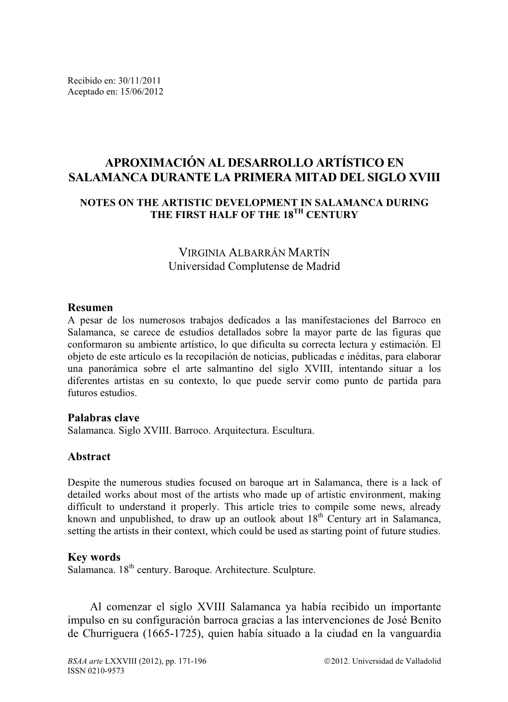 Aproximación Al Desarrollo Artístico En Salamanca Durante La Primera Mitad Del Siglo Xviii