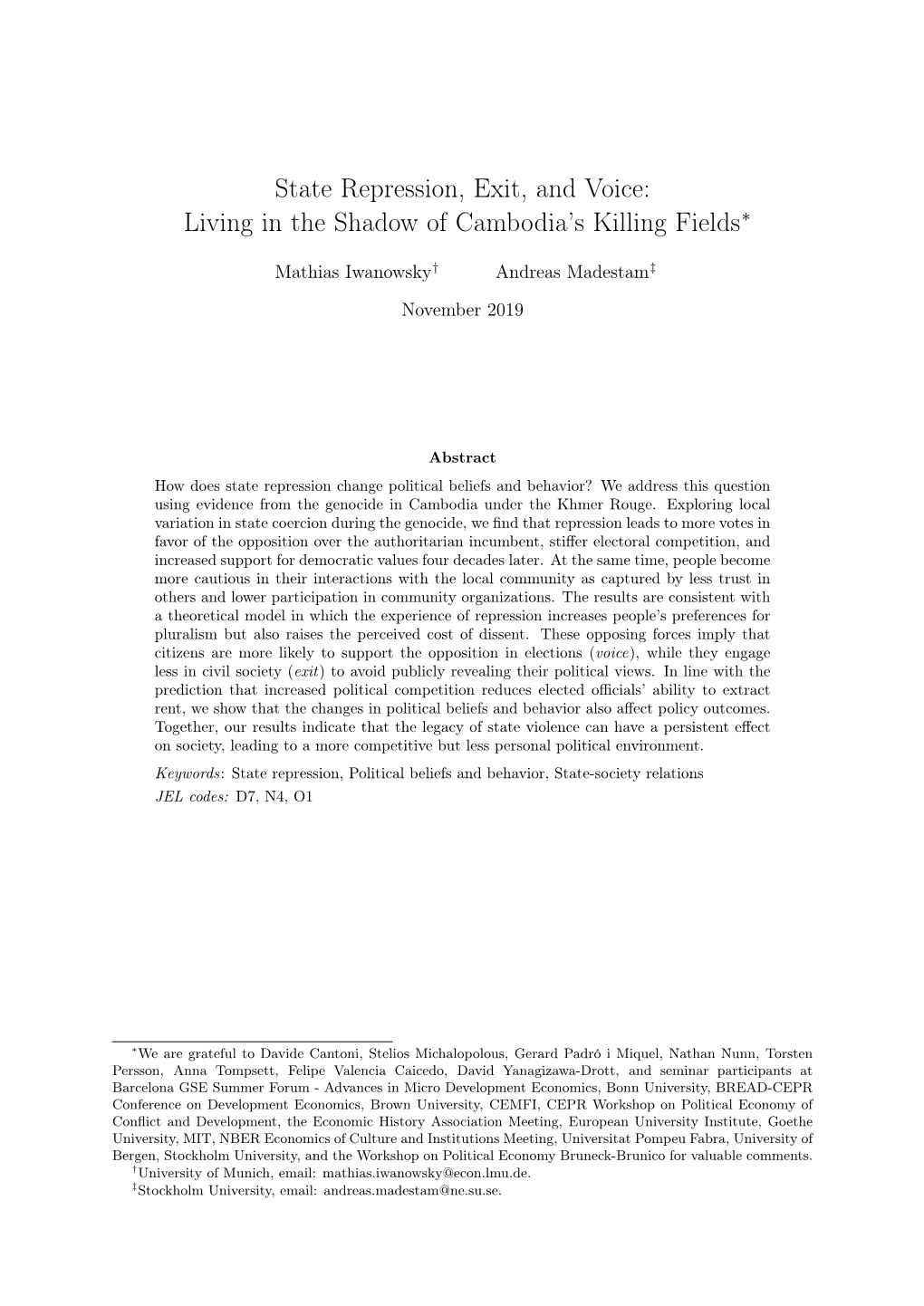 State Repression, Exit, and Voice: Living in the Shadow of Cambodia's Killing Fields