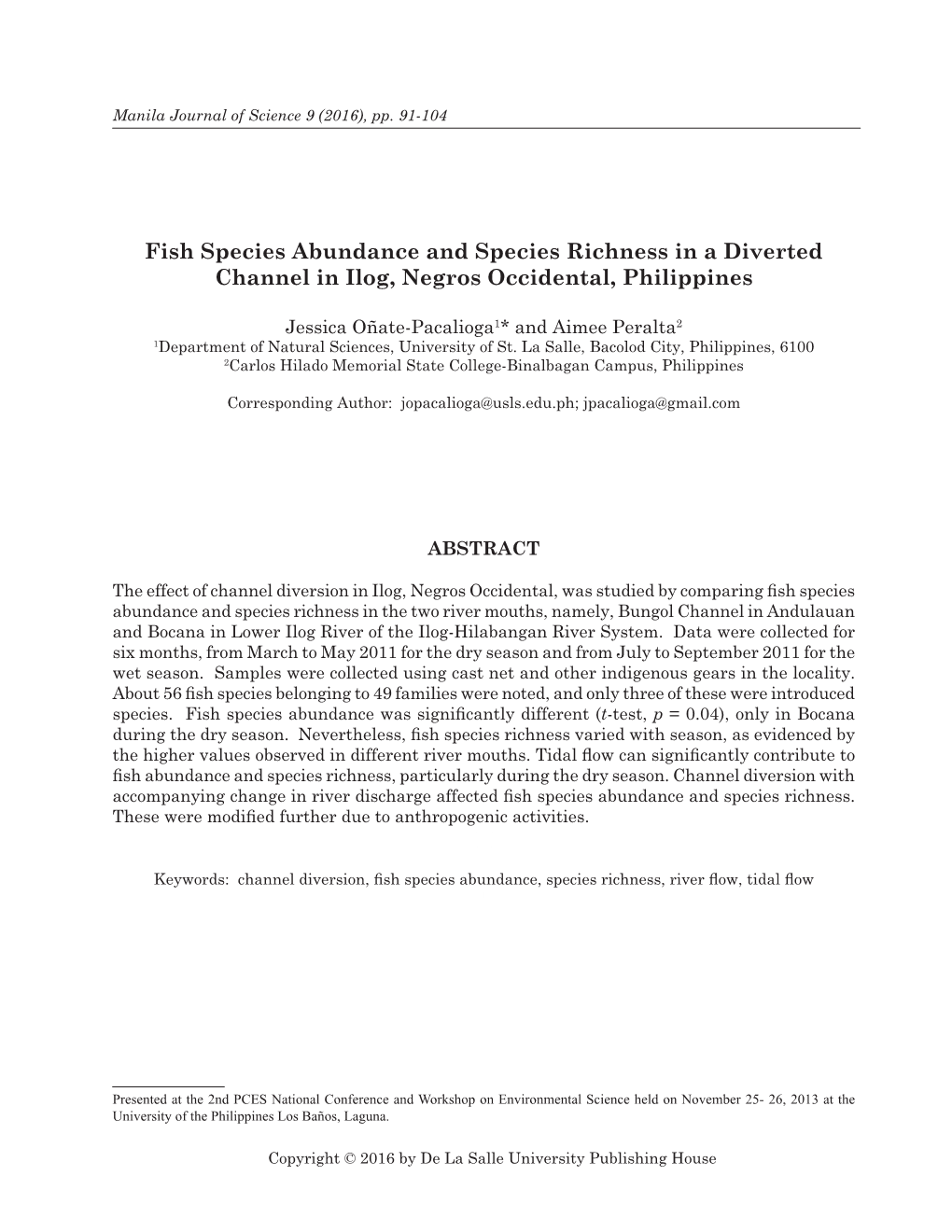 Fish Species Abundance and Species Richness in a Diverted Channel in Ilog, Negros Occidental, Philippines