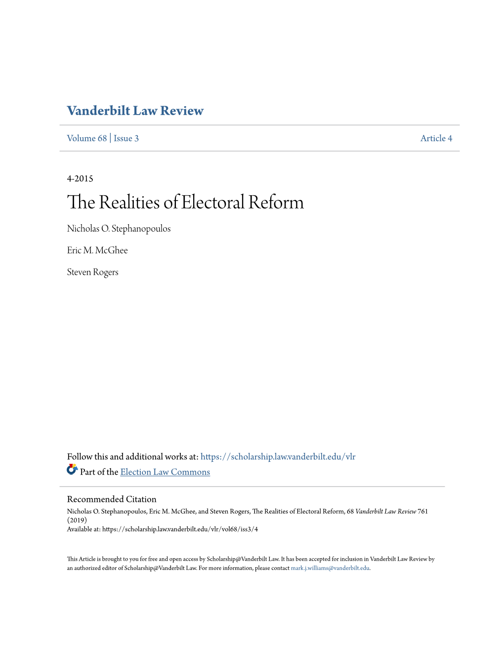 The Realities of Electoral Reform Nicholas O