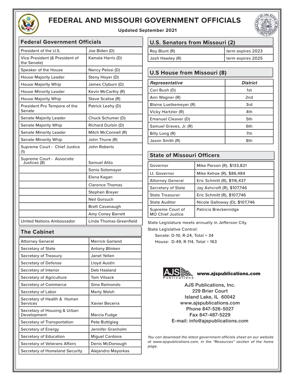 FEDERAL and MISSOURI GOVERNMENT OFFICIALS Updated September 2021