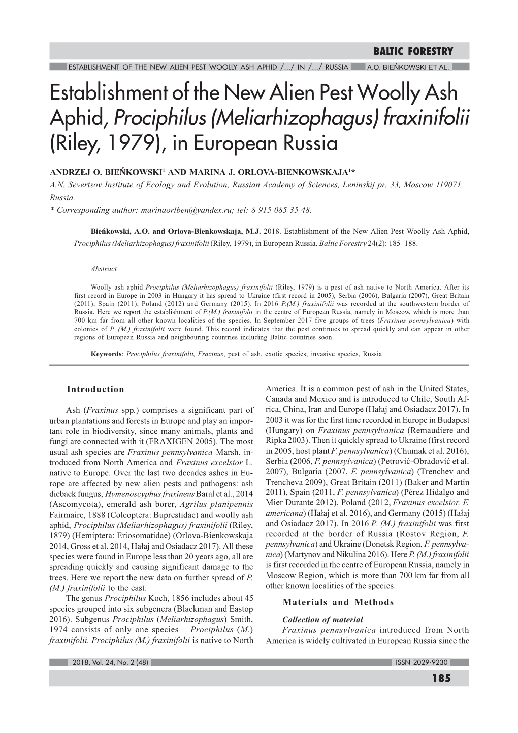 Establishment of the New Alien Pest Woolly Ash Aphid, Prociphilus (Meliarhizophagus) Fraxinifolii (Riley, 1979), in European Russia