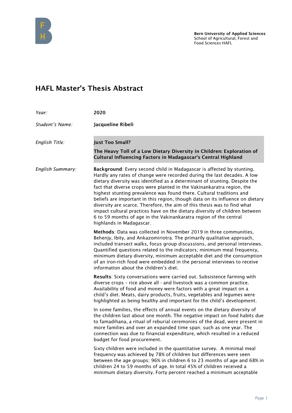 The Heavy Toll of a Low Dietary Diversity in Children: Exploration of Cultural Influencing Factors in Madagascar’S Central Highland