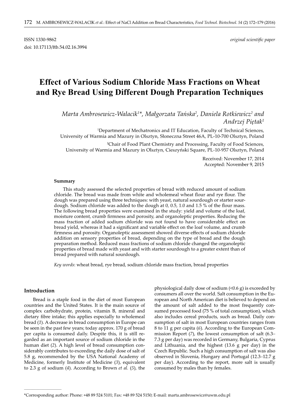 Effect of Various Sodium Chloride Mass Fractions on Wheat and Rye Bread Using Different Dough Preparation Techniques