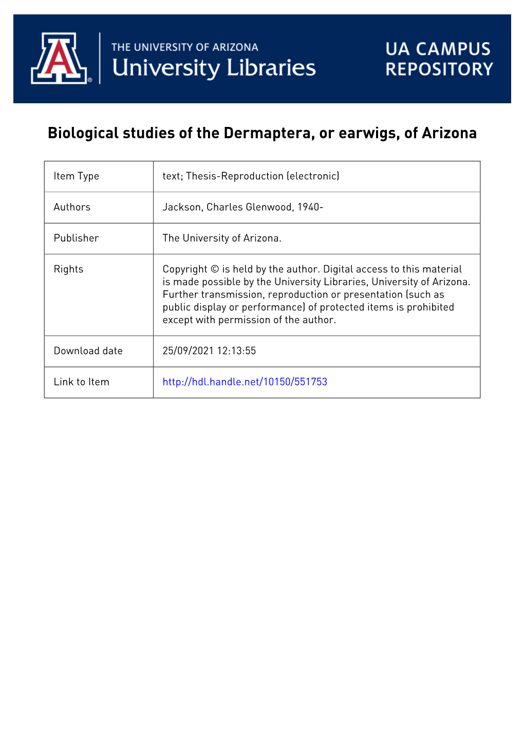 Biological Studies of the Dermaptera, Or Earwigs, of Arizona