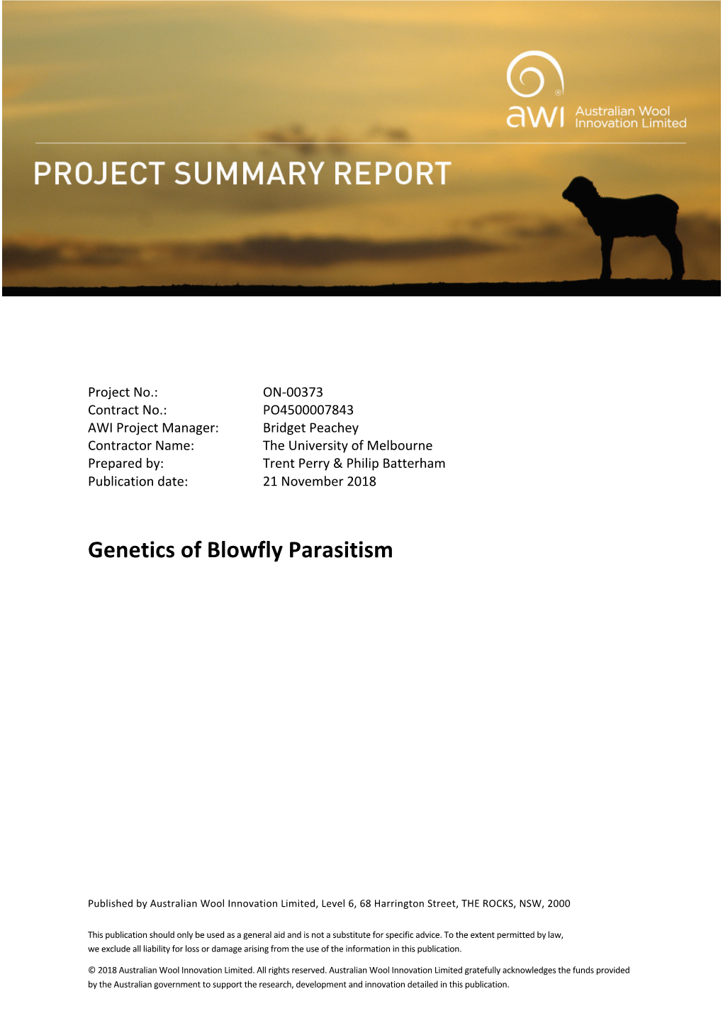 181121 ON-00373 Genetics of Blowfly Parasitism Project Summary