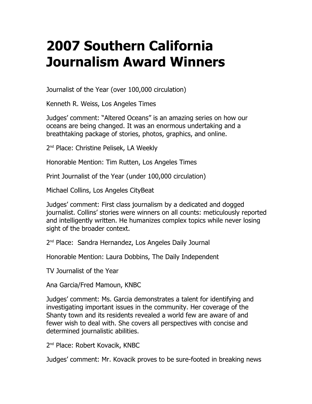 2007 Southern California Journalism Award Winners