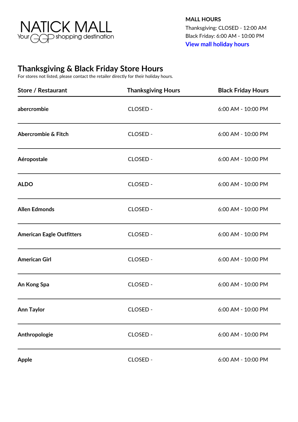 Thanksgiving & Black Friday Store Hours