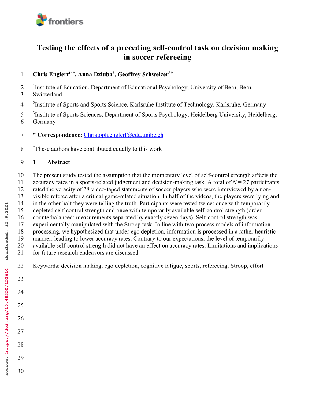 Testing the Effects of a Preceding Self-Control Task on Decision Making in Soccer Refereeing