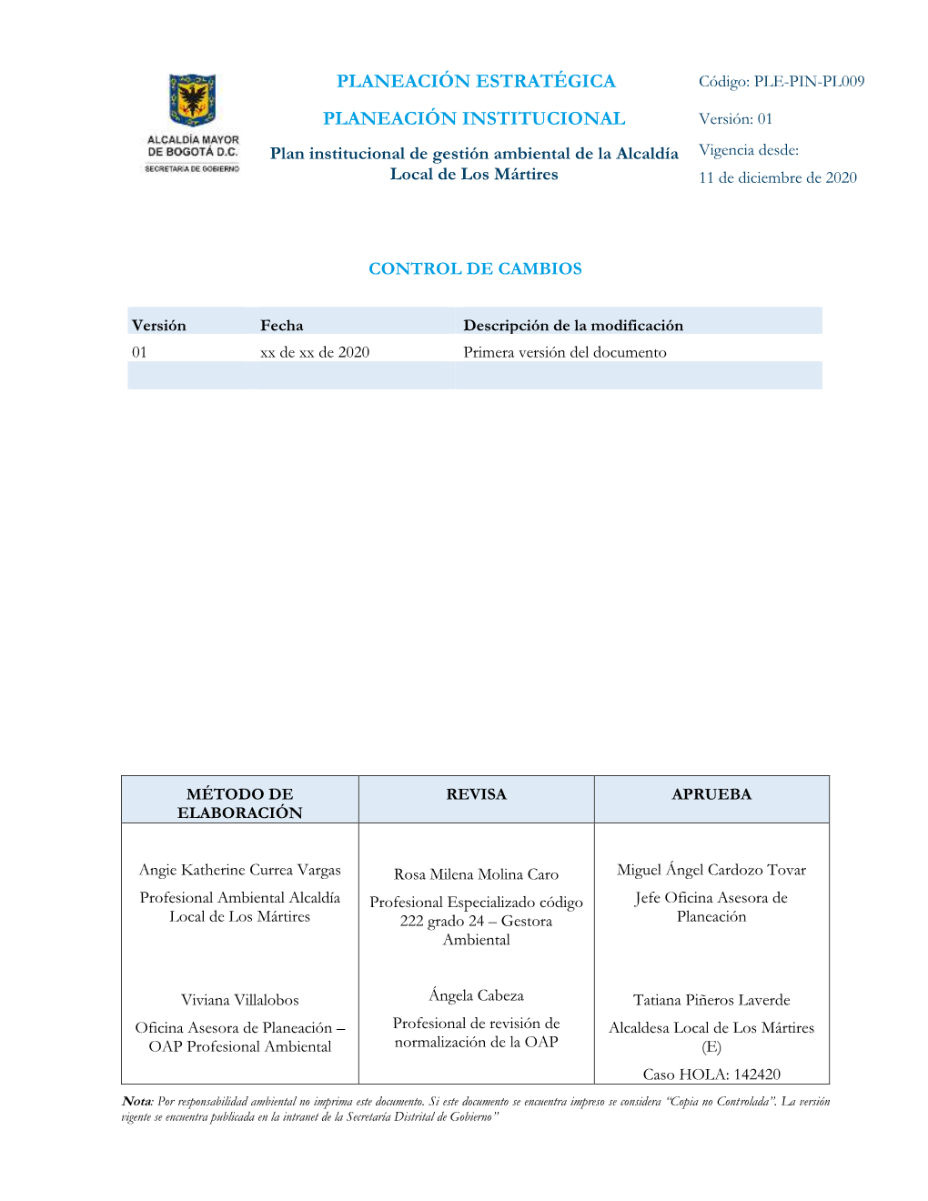 PLE-PIN-PL009 Plan Institucional De Gestión Ambiental