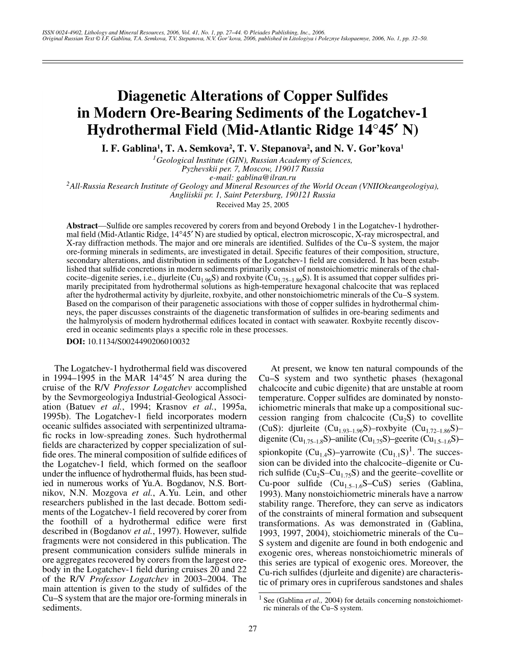 Diagenetic Alterations of Copper Sulfides in Modern Ore-Bearing Sediments of the Logatchev-1 Hydrothermal Field (Mid-Atlantic Ridge 14°45¢ N) I