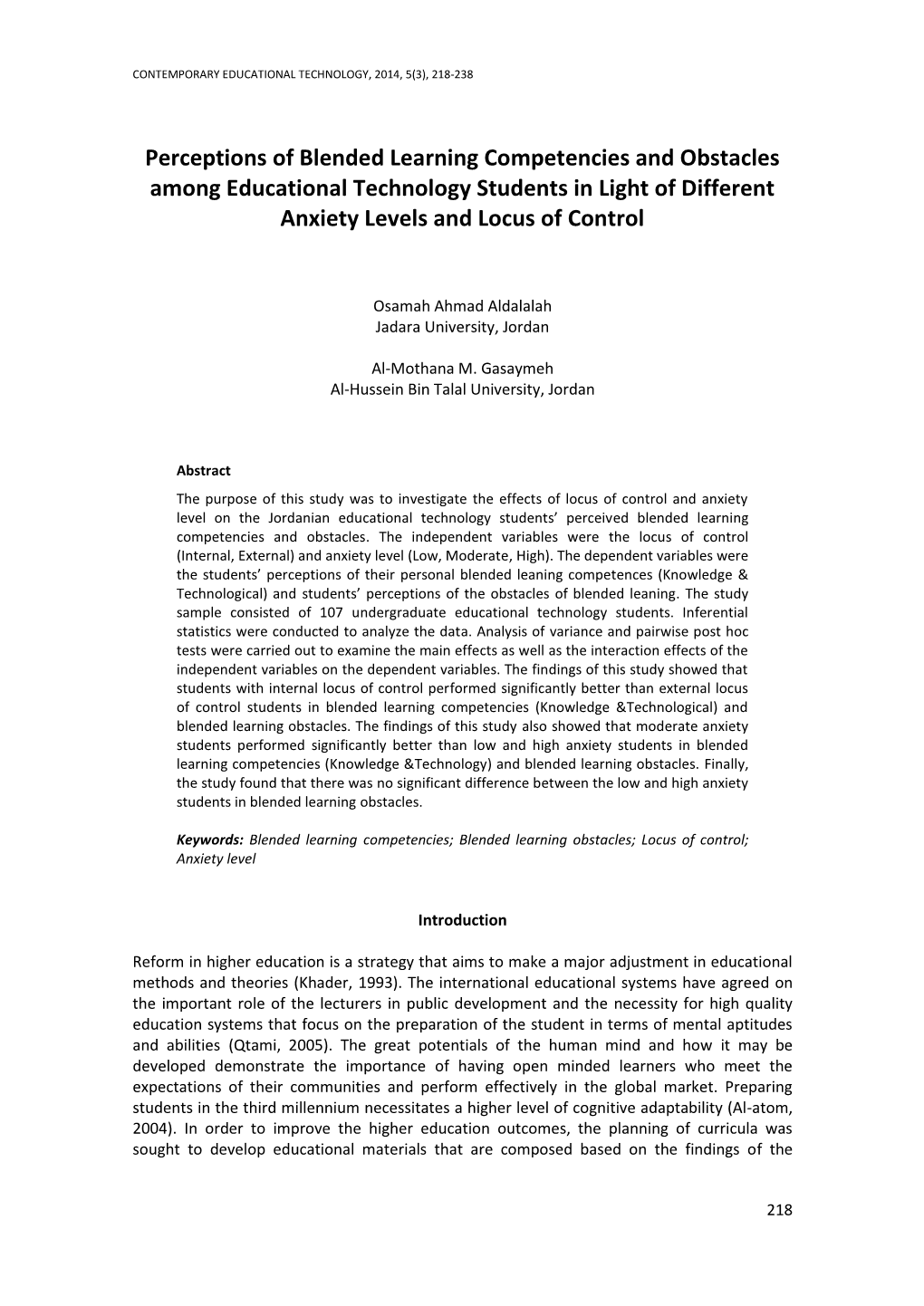 Perceptions of Blended Learning Competencies and Obstacles Among Educational Technology Students in Light of Different Anxiety Levels and Locus of Control