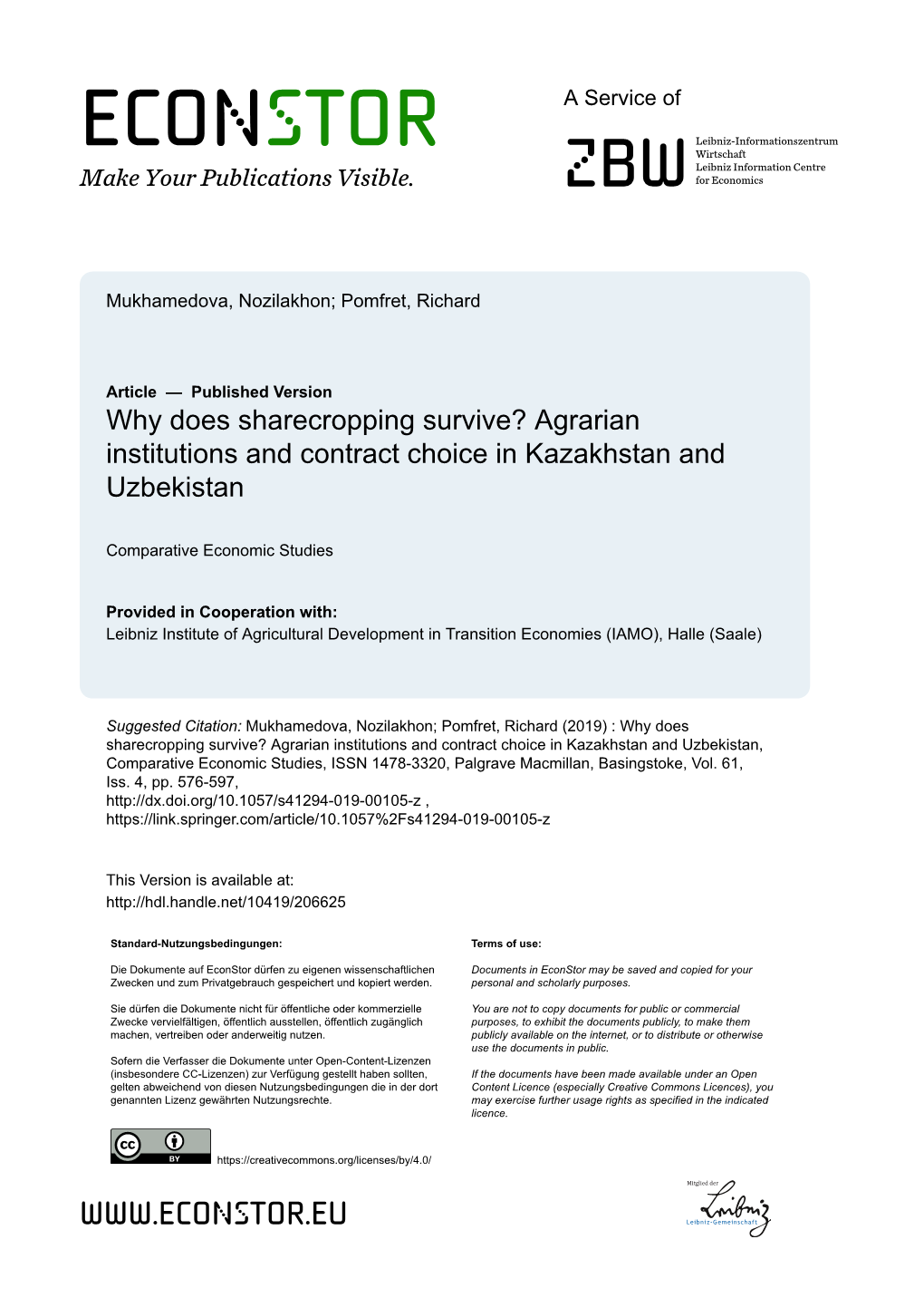 Why Does Sharecropping Survive? Agrarian Institutions and Contract Choice in Kazakhstan and Uzbekistan