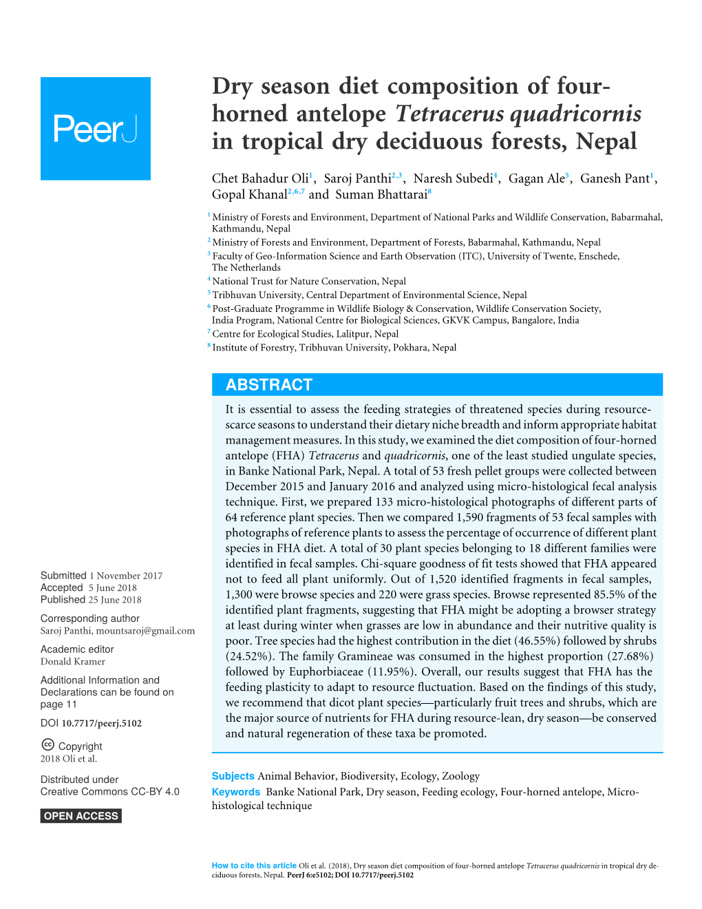 Dry Season Diet Composition of Four- Horned Antelope Tetracerus Quadricornis in Tropical Dry Deciduous Forests, Nepal