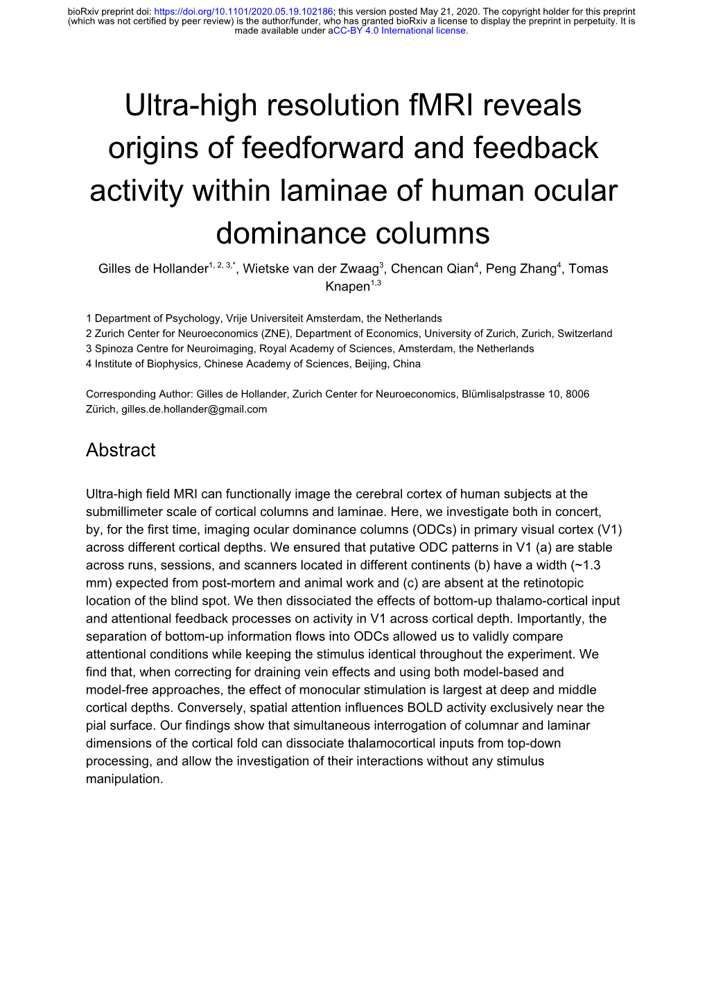 Ultra-High Resolution Fmri Reveals Origins of Feedforward and Feedback Activity Within Laminae of Human Ocular Dominance Columns