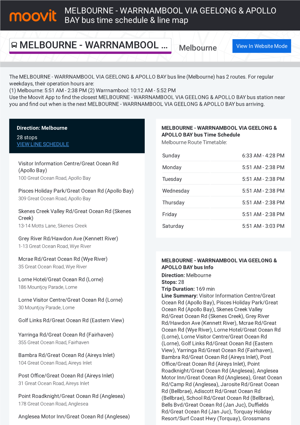 MELBOURNE - WARRNAMBOOL VIA GEELONG & APOLLO BAY Bus Time Schedule & Line Map