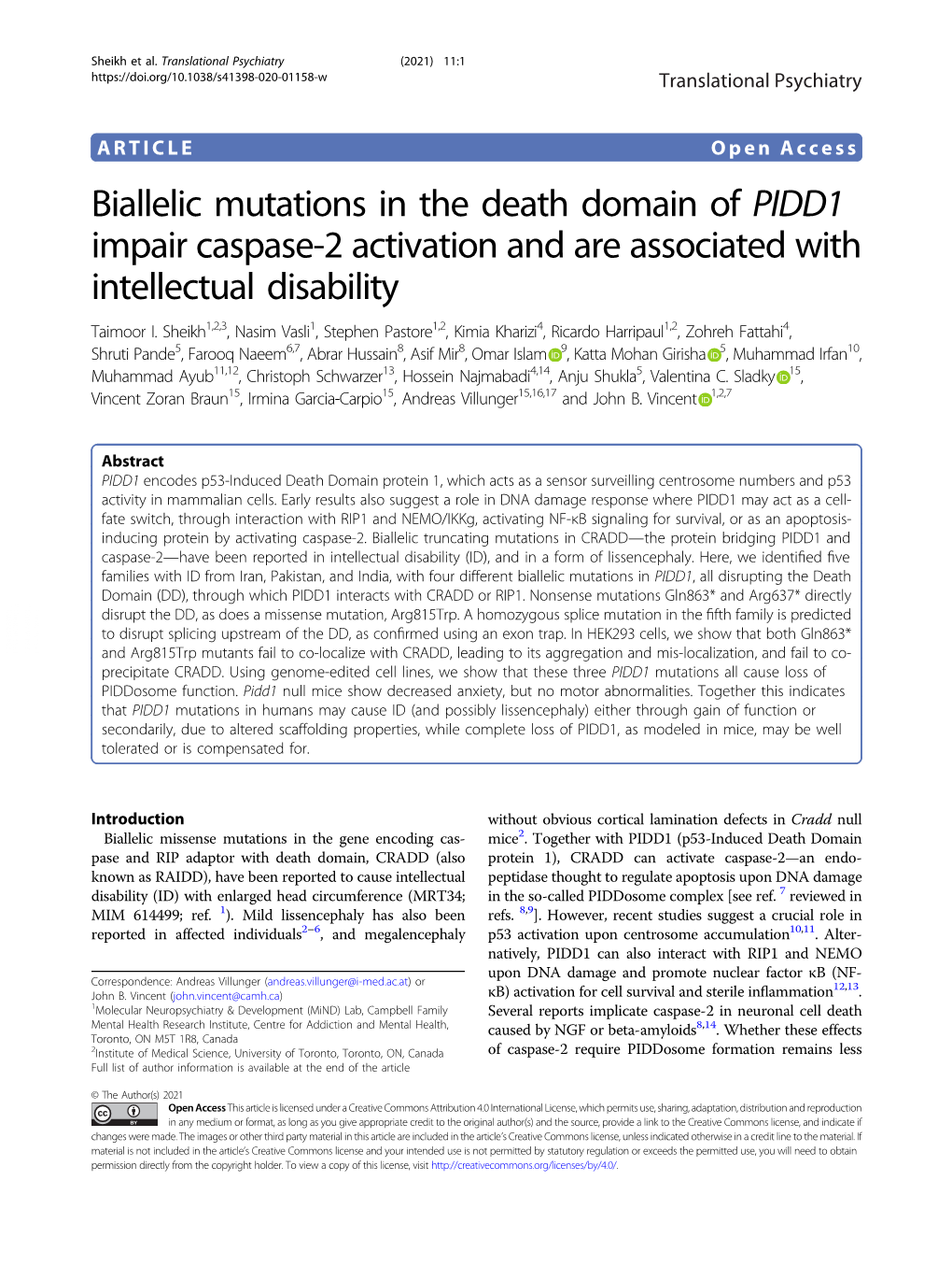 Biallelic Mutations in the Death Domain of PIDD1 Impair Caspase-2 Activation and Are Associated with Intellectual Disability Taimoor I
