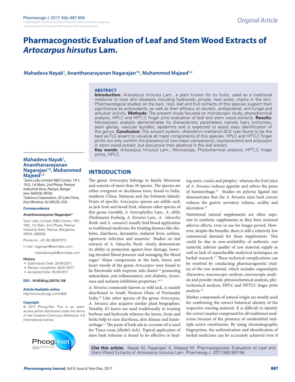 Pharmacognostic Evaluation of Leaf and Stem Wood Extracts of Artocarpus Hirsutus Lam