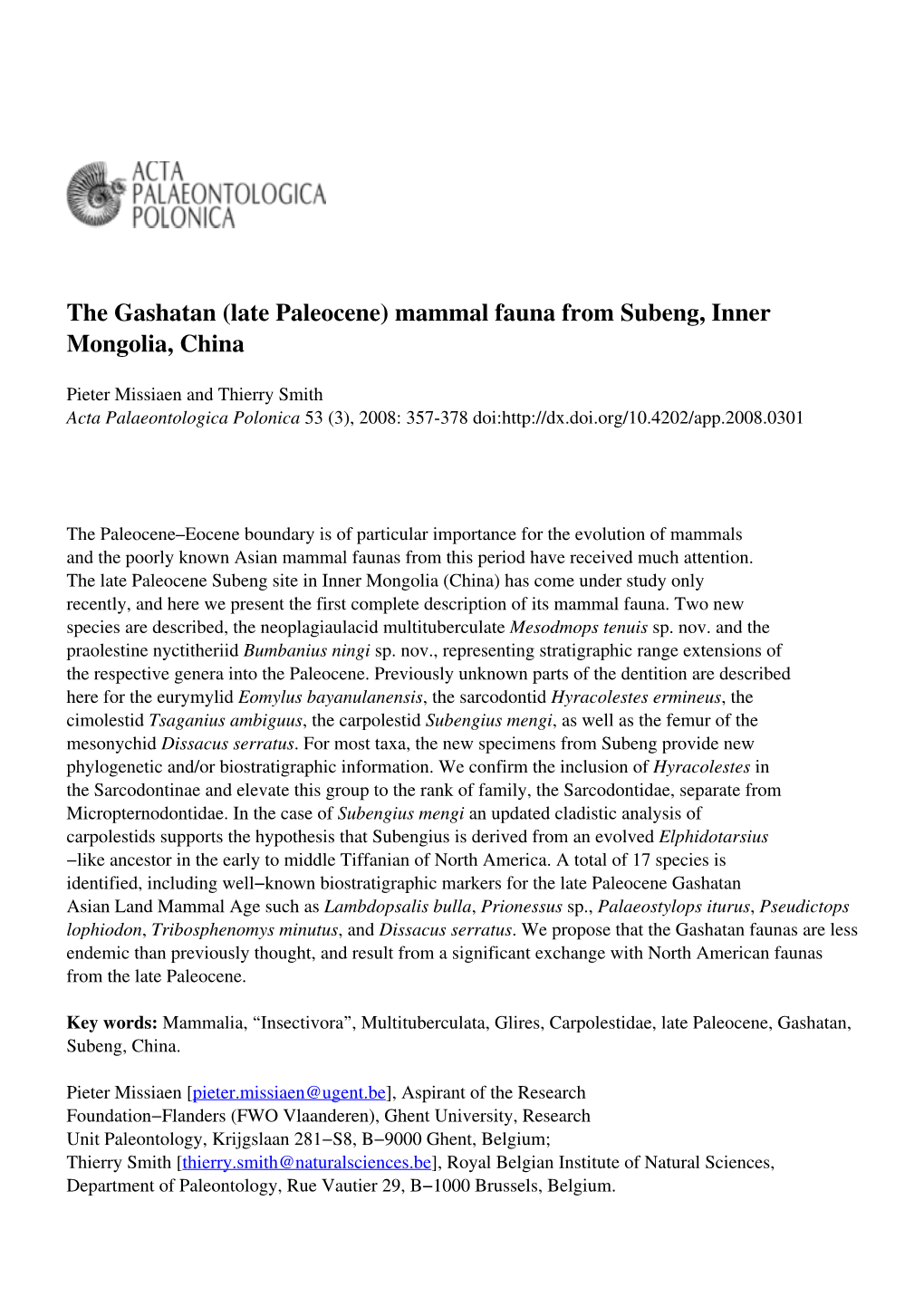 (Late Paleocene) Mammal Fauna from Subeng, Inner Mongolia, China