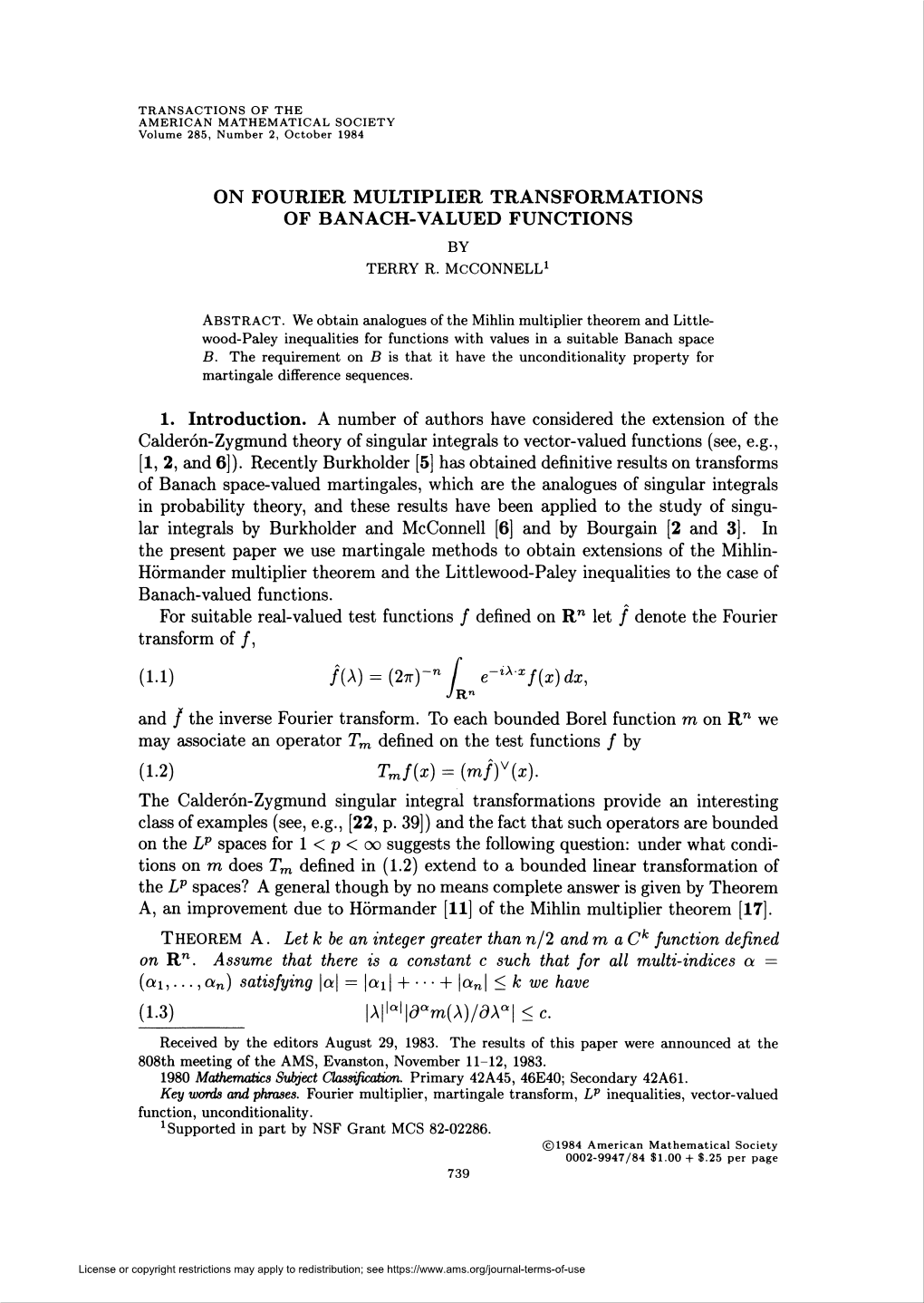 On Fourier Multiplier Transformations of Banach-Valued Functions by Terry R