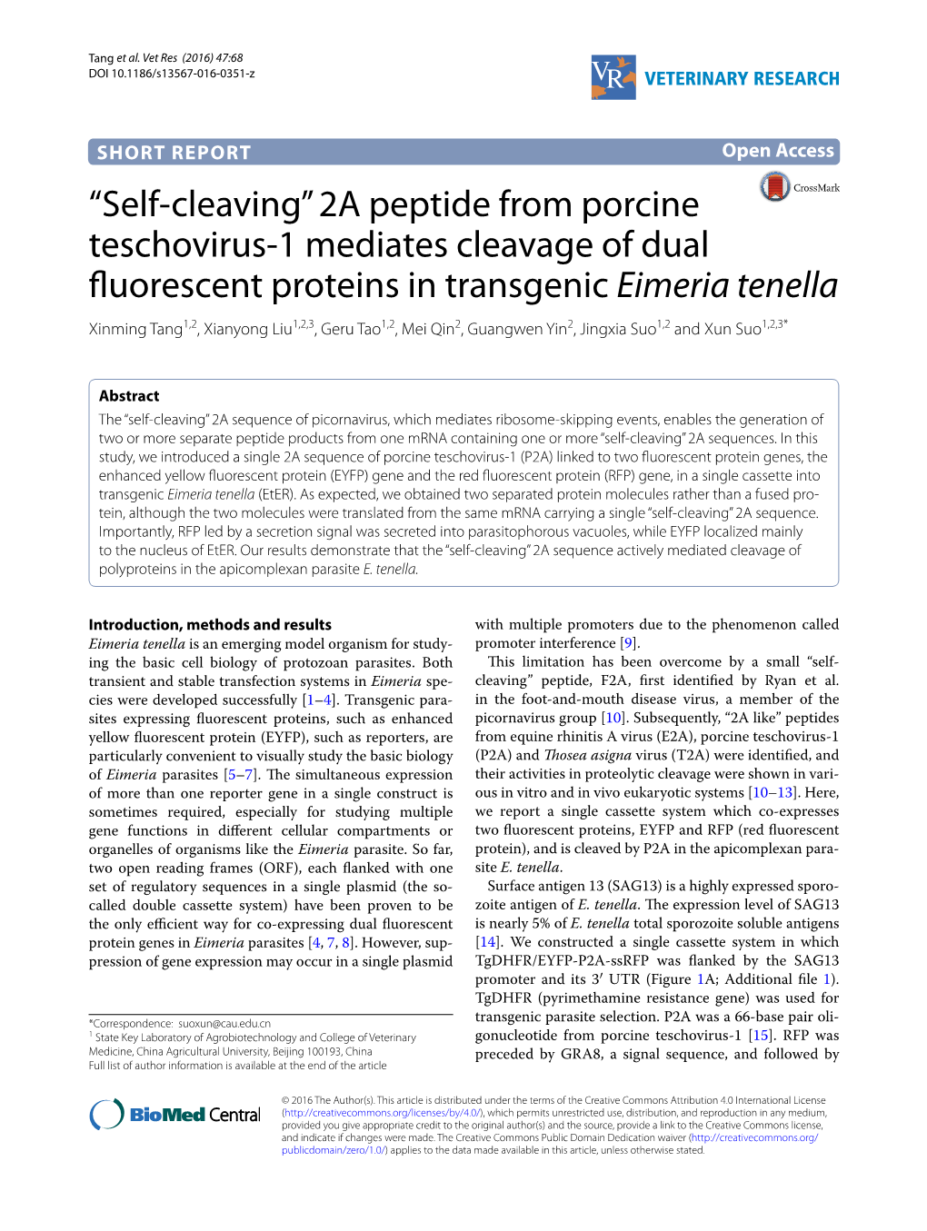 “Self-Cleaving” 2A Peptide from Porcine Teschovirus-1 Mediates Cleavage of Dual Fluorescent Proteins in Transgenic Eimeria T