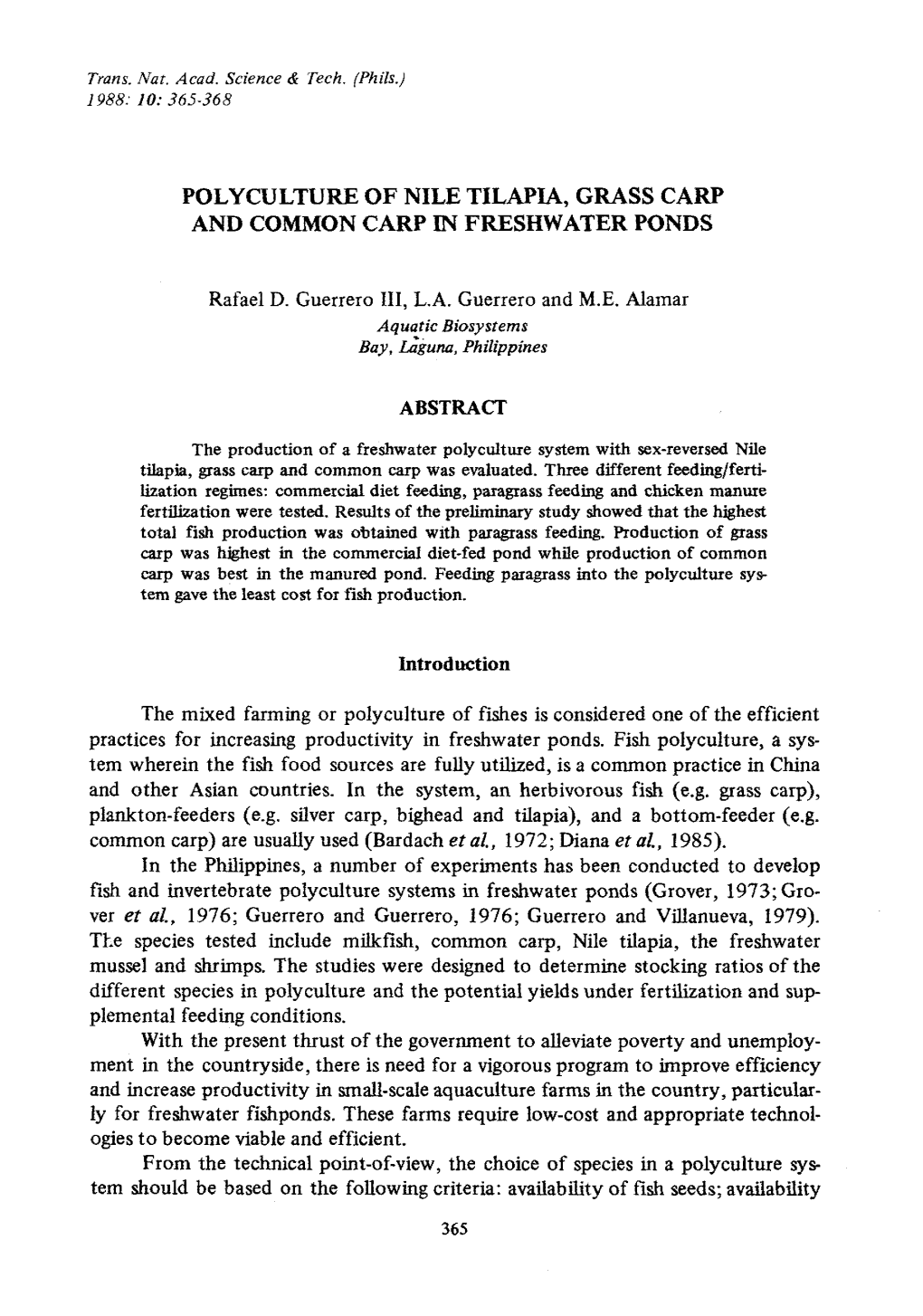 Polyculture of Nile Tilapia, Grass Carp and Common Carp in Freshwater Ponds