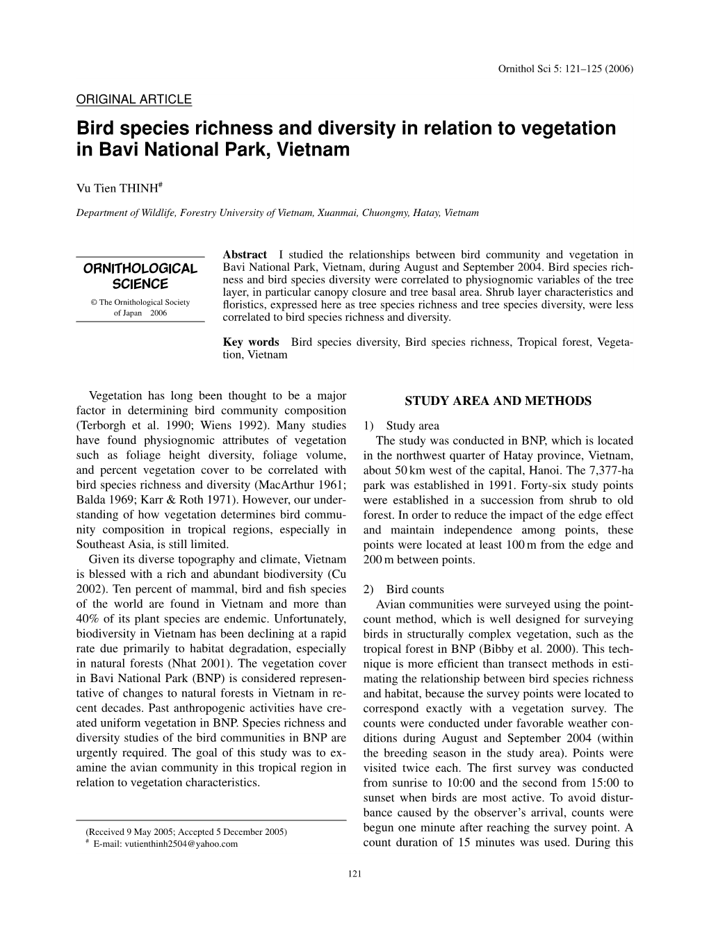 Ornithol Sci 5: 121–125 (2006)