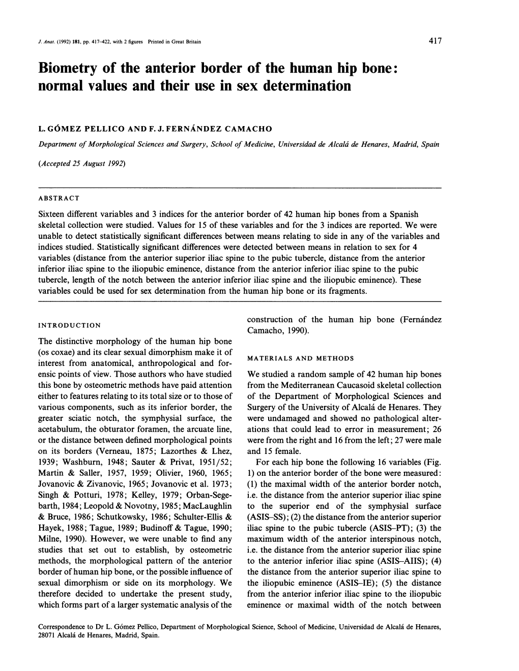 Biometry of the Anterior Border of the Human Hip Bone: Normal Values and Their Use in Sex Determination