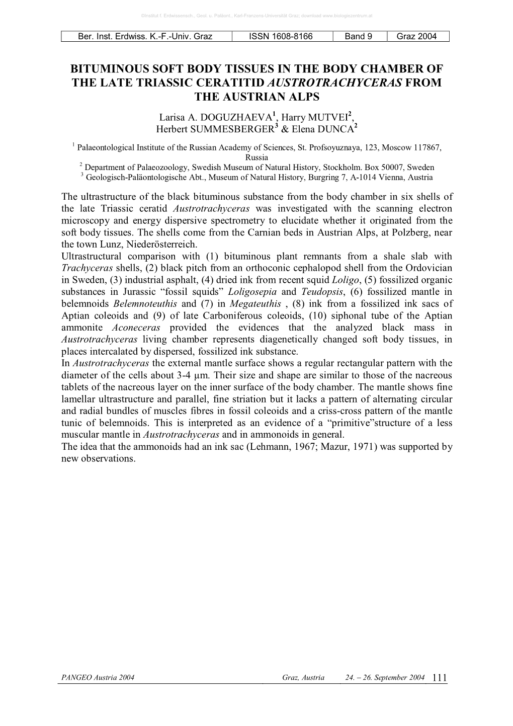 Bituminous Soft Body Tissues in the Body Chamber of the Late Triassic Ceratitid Austrotrachyceras from the Austrian Alps