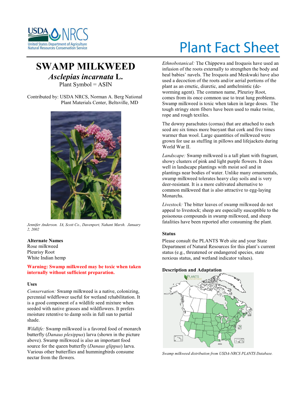 Swamp Milkweed, Asclepias Incarnata, Plant Fact Sheet