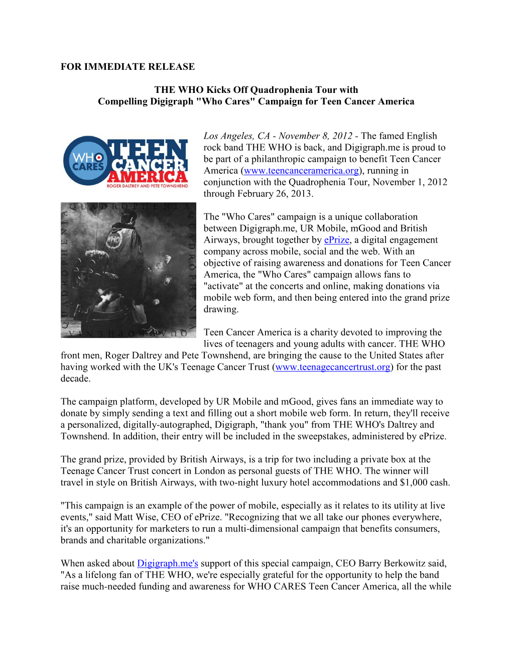 FOR IMMEDIATE RELEASE the WHO Kicks Off Quadrophenia