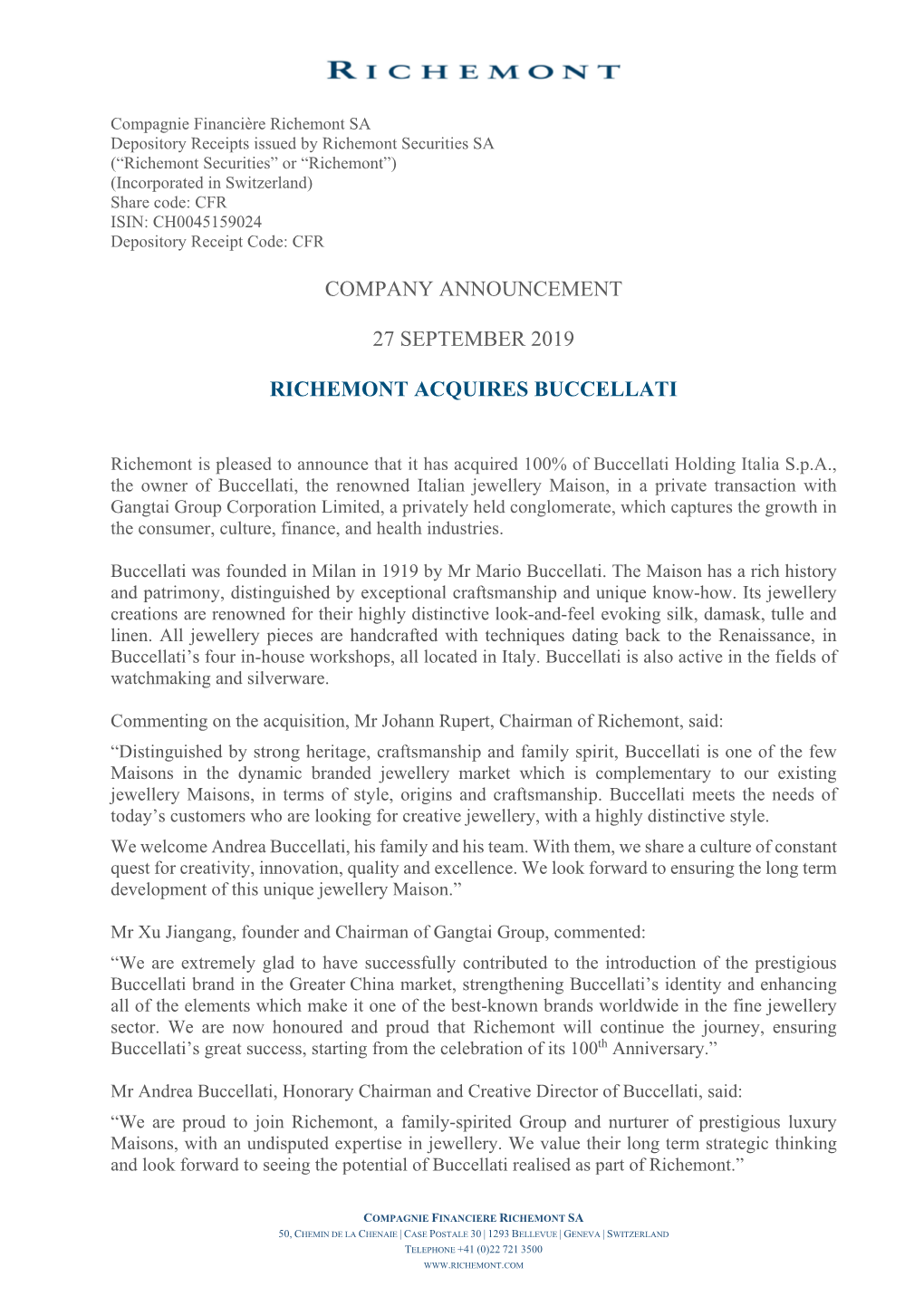 Company Announcement 27 September 2019 Richemont