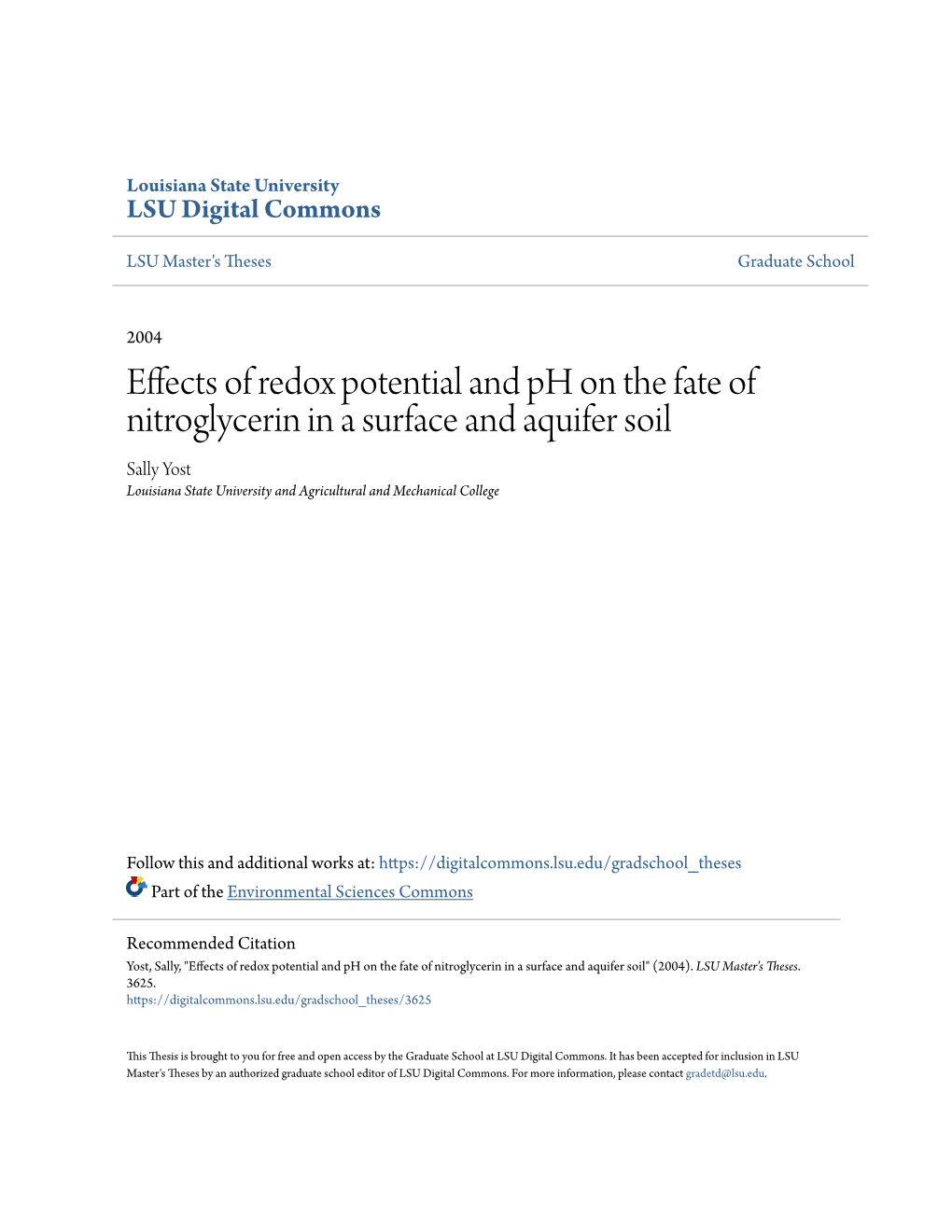 Effects of Redox Potential and Ph on the Fate of Nitroglycerin in a Surface