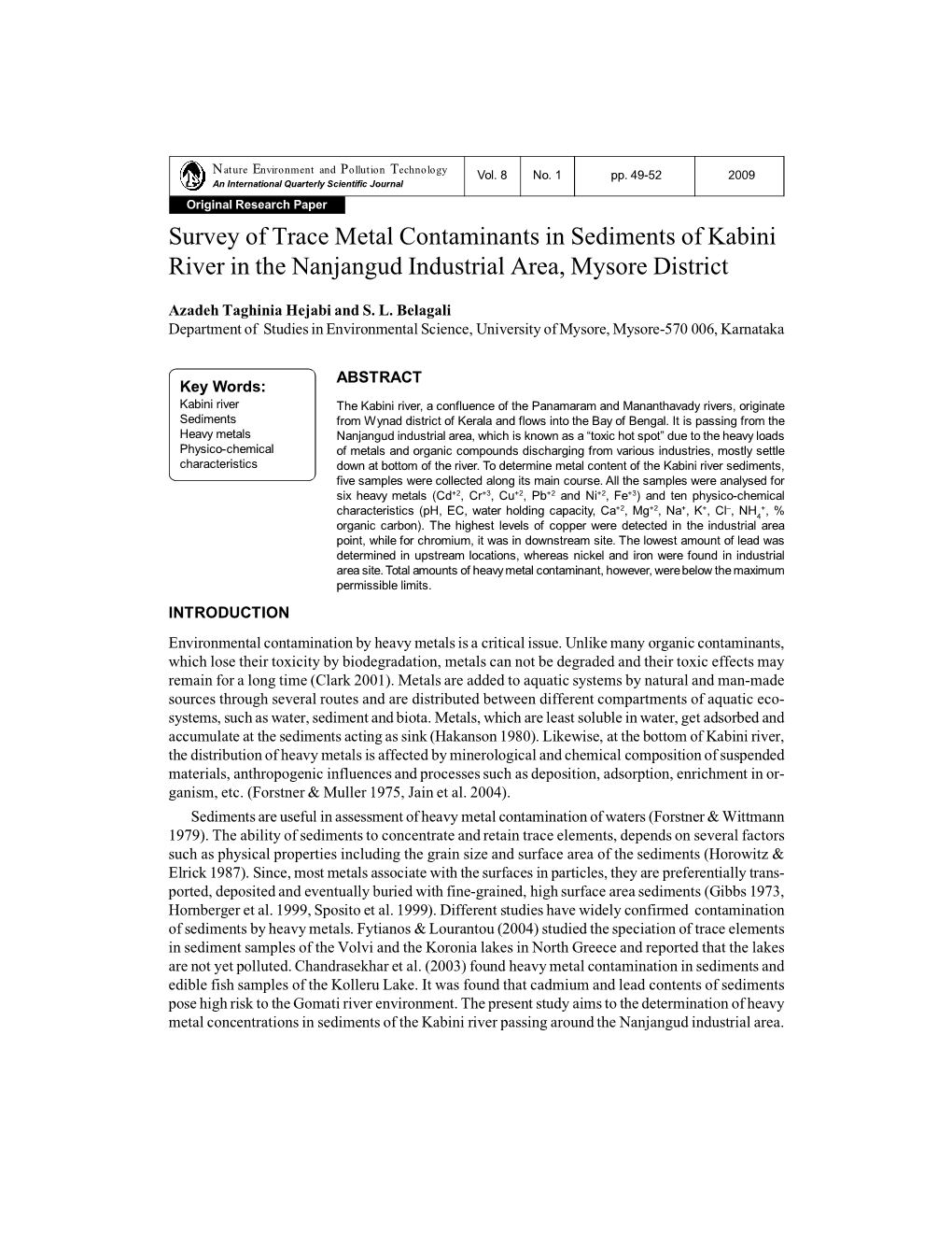 Survey of Trace Metal Contaminants in Sediments of Kabini River in the Nanjangud Industrial Area, Mysore District