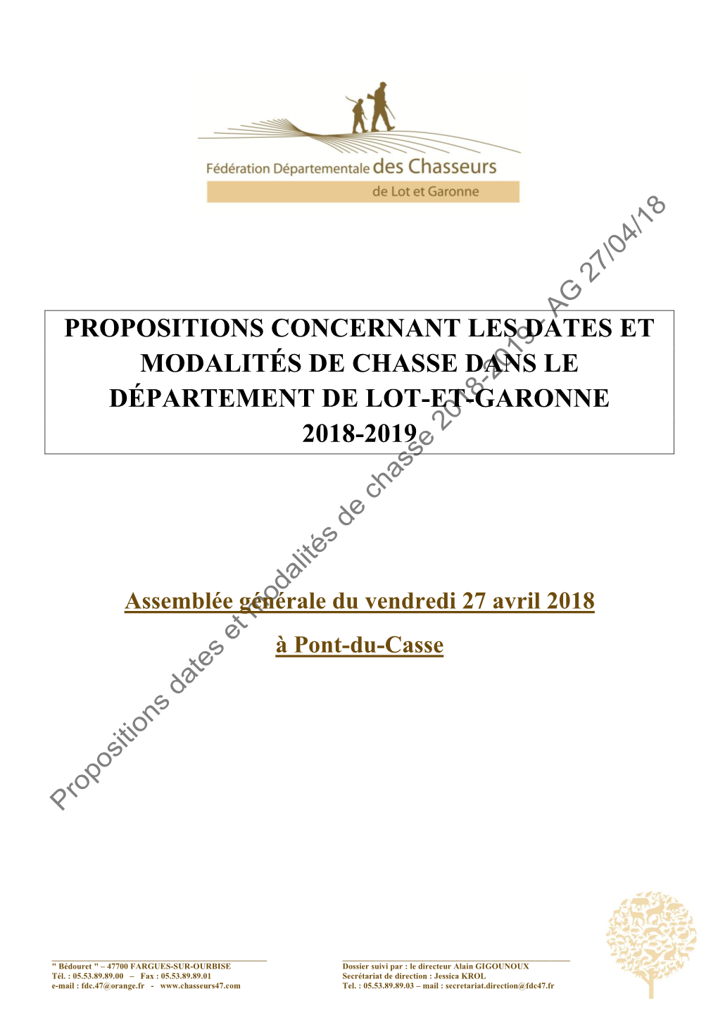 Propositions Concernant Les Dates Et Modalités De Chasse Dans Le Département De Lot-Et-Garonne 2018-2019