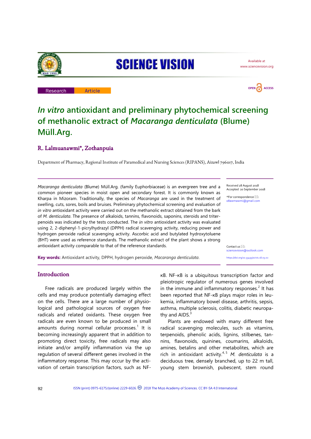 In Vitro Antioxidant and Preliminary Phytochemical Screening of Methanolic Extract of Macaranga Denticulata (Blume) Müll.Arg