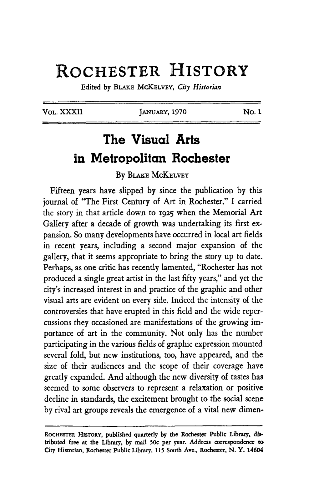 ROCHESTER HISTORY Edited by BLAKE Mckelvey, City Historian