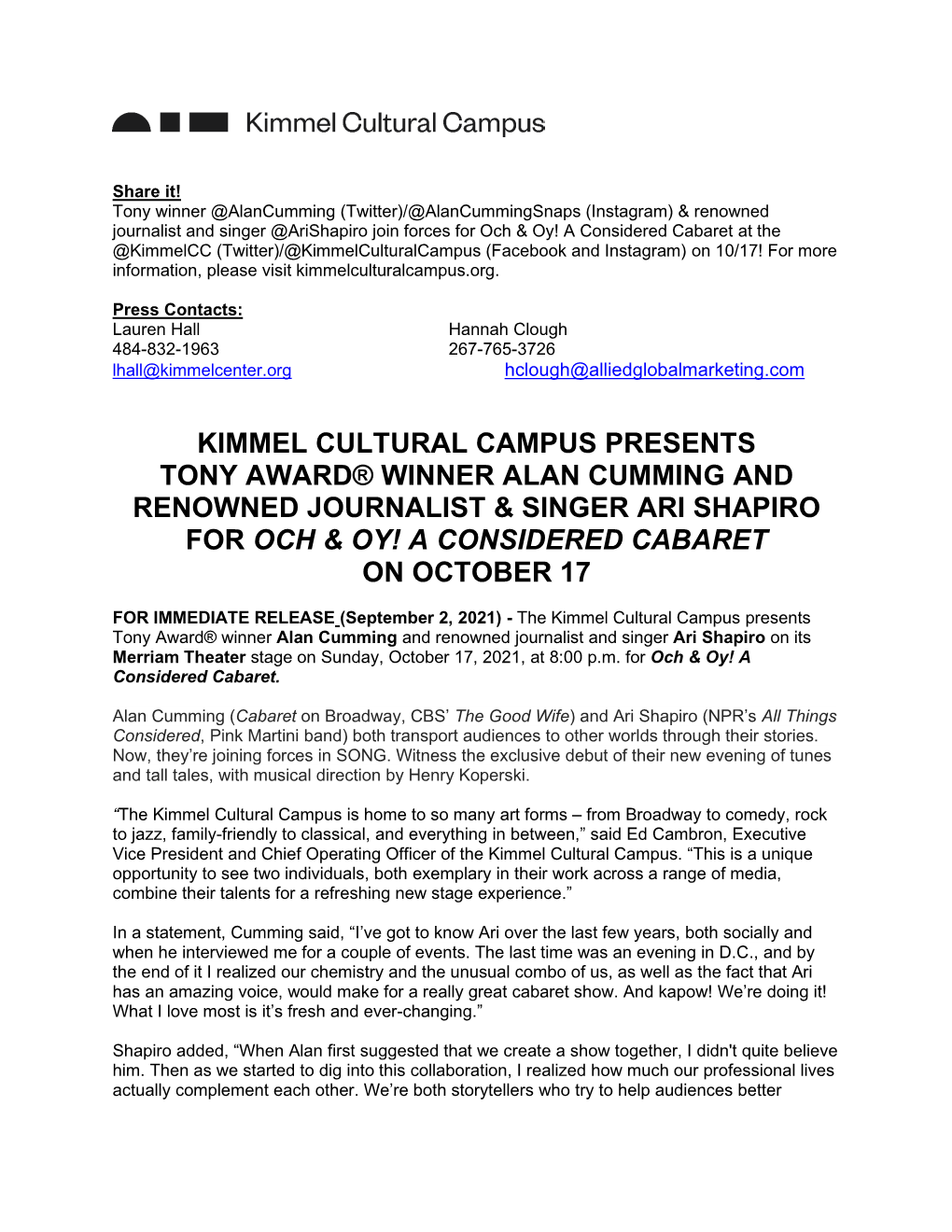 Kimmel Cultural Campus Presents Tony Award® Winner Alan Cumming and Renowned Journalist & Singer Ari Shapiro for Och & Oy! a Considered Cabaret on October 17