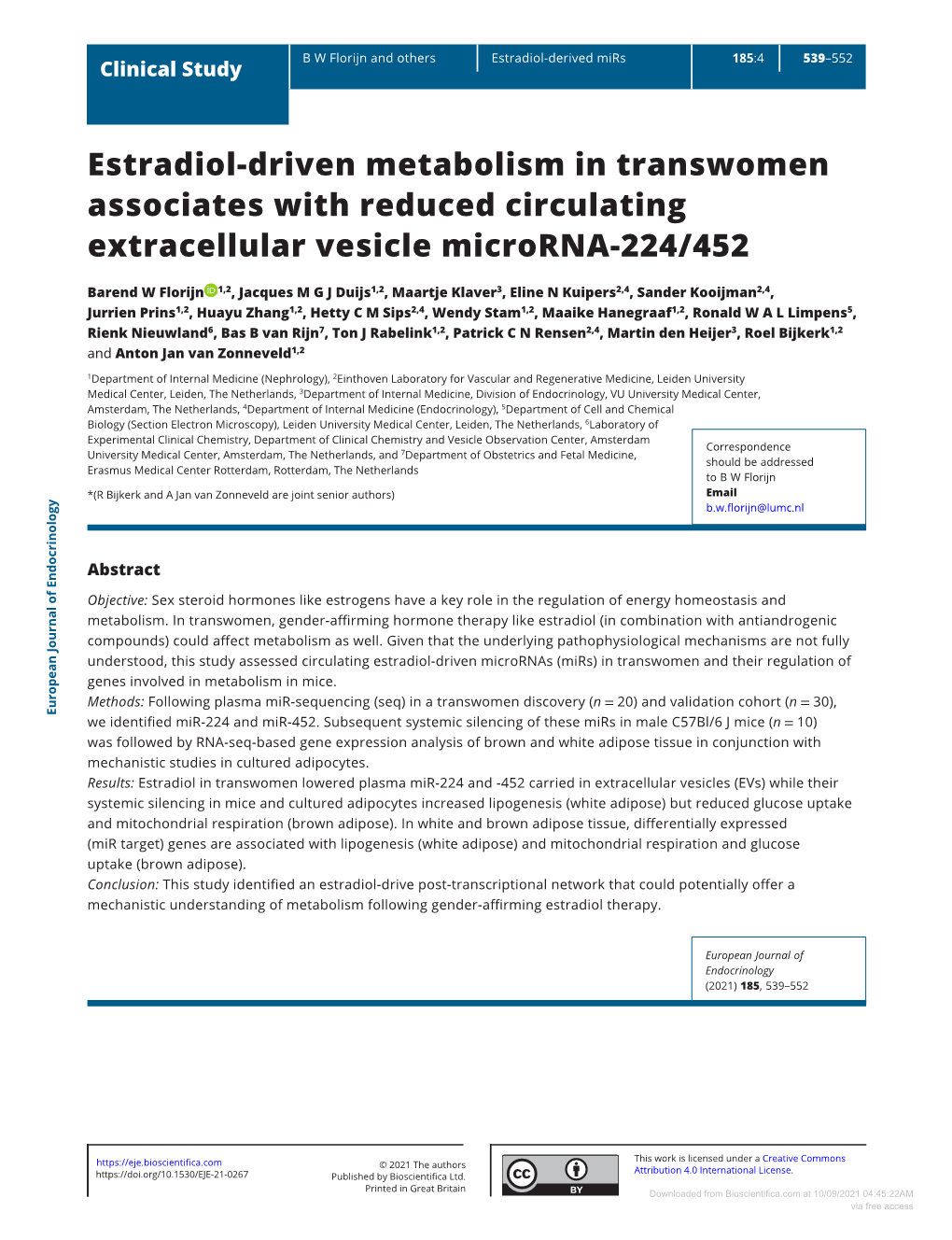 Estradiol-Driven Metabolism in Transwomen Associates with Reduced Circulating Extracellular Vesicle Microrna-224/452