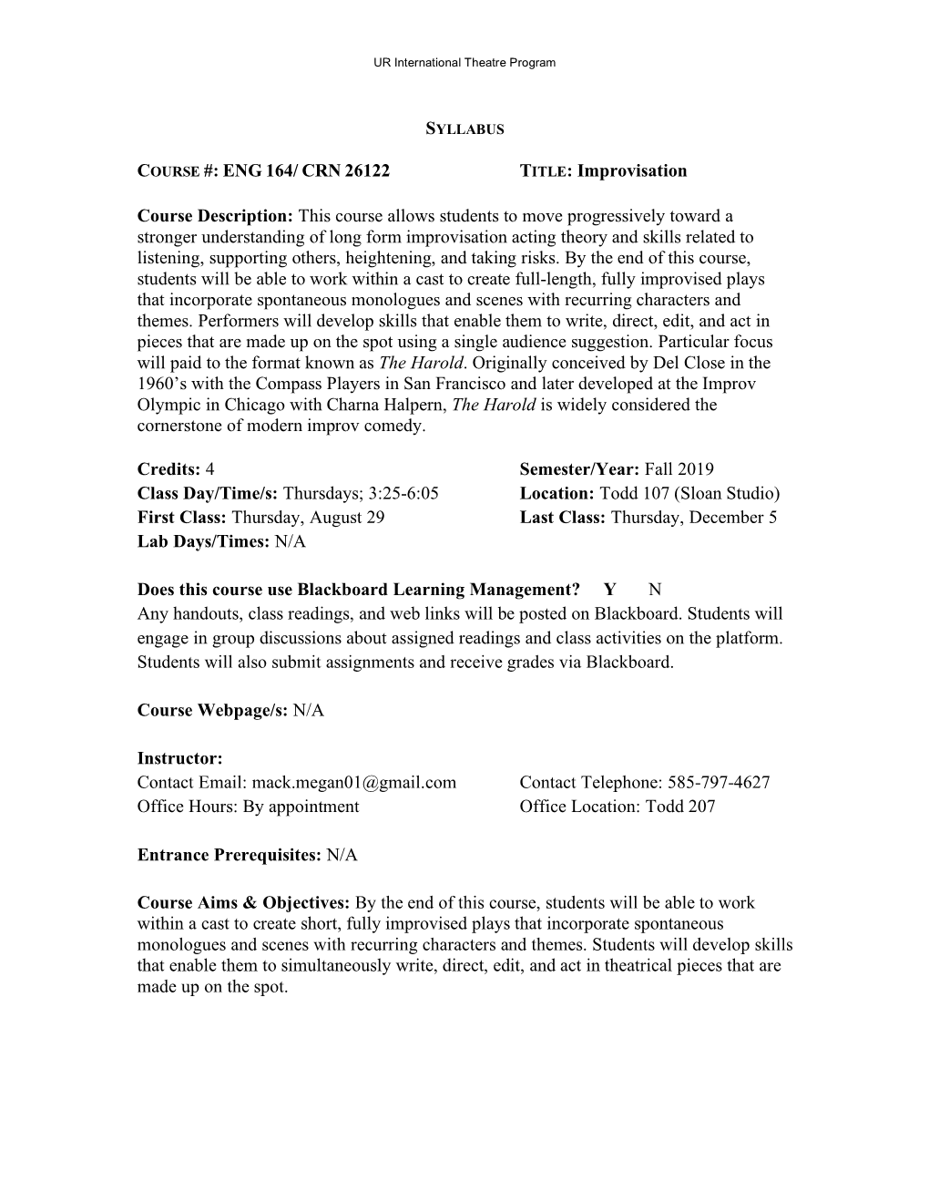 Improvisation ENG 164 Syllabus-Mack